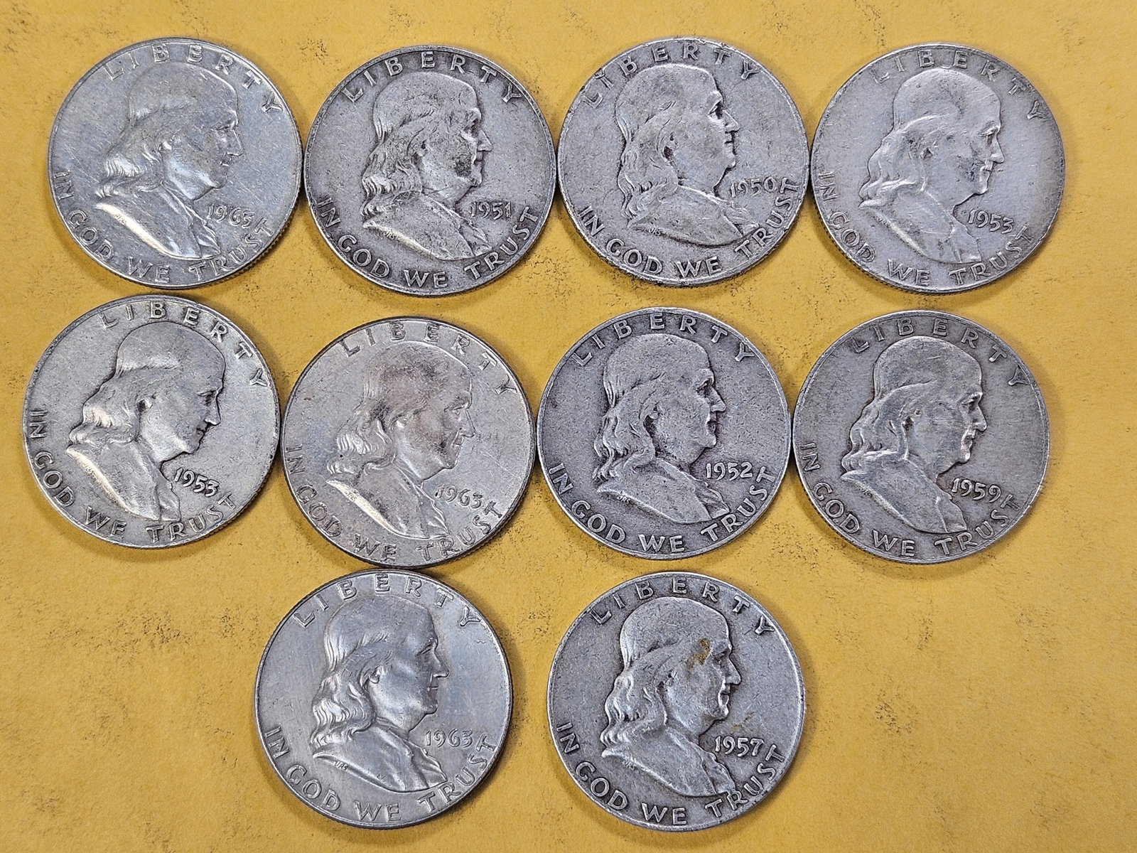 Ten Circulated Franklin Silver Half Dollars - 2