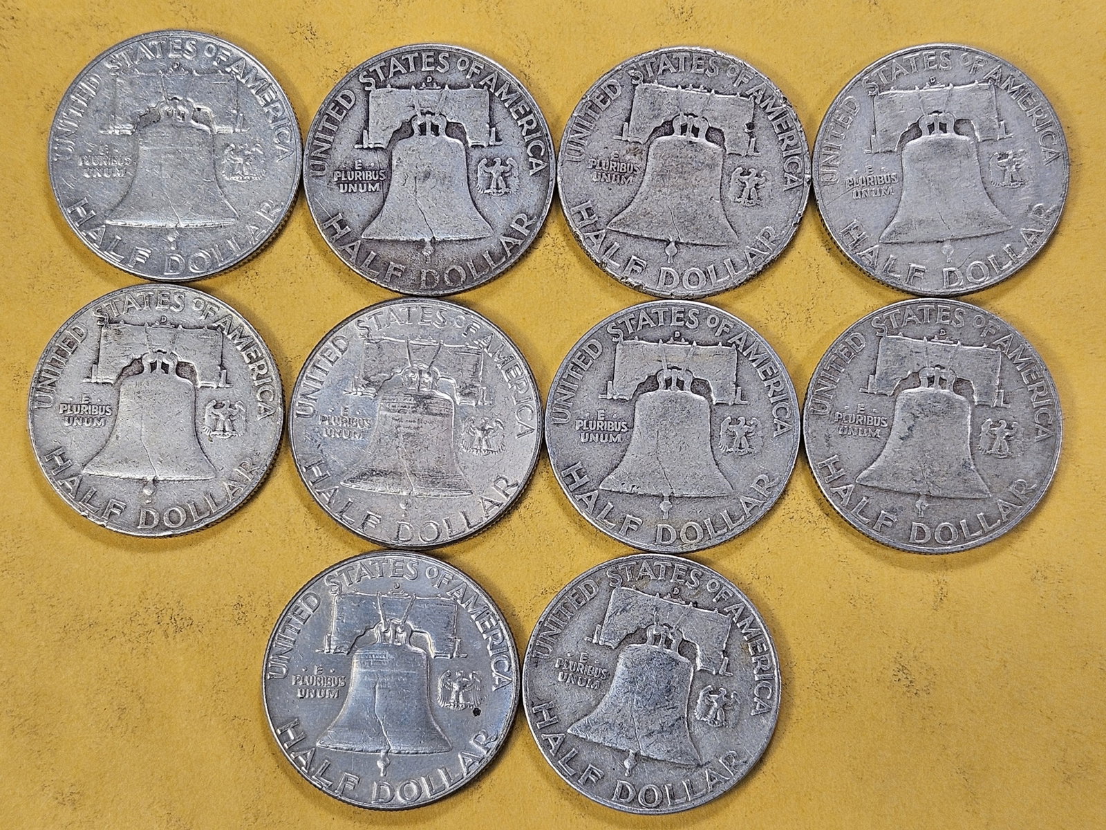 Ten Circulated Franklin Silver Half Dollars - 4
