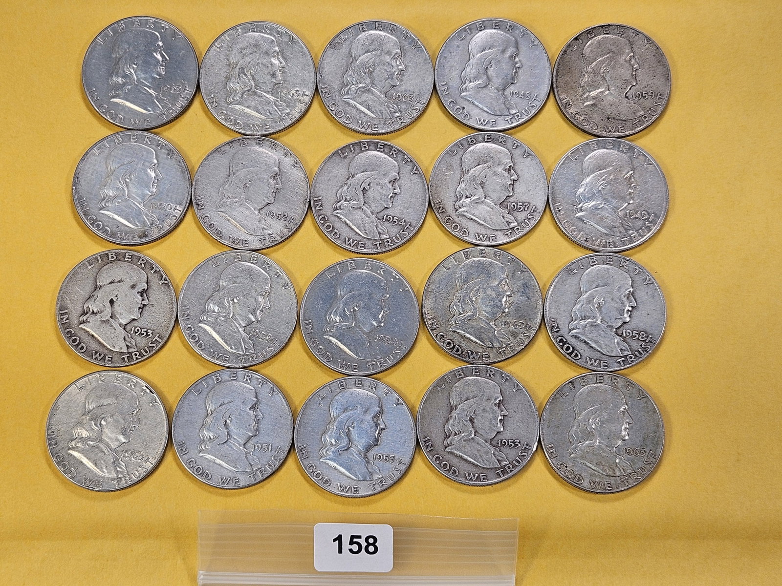 Twenty Circulated Franklin Silver Half Dollars: Mixed Dates and Grades
