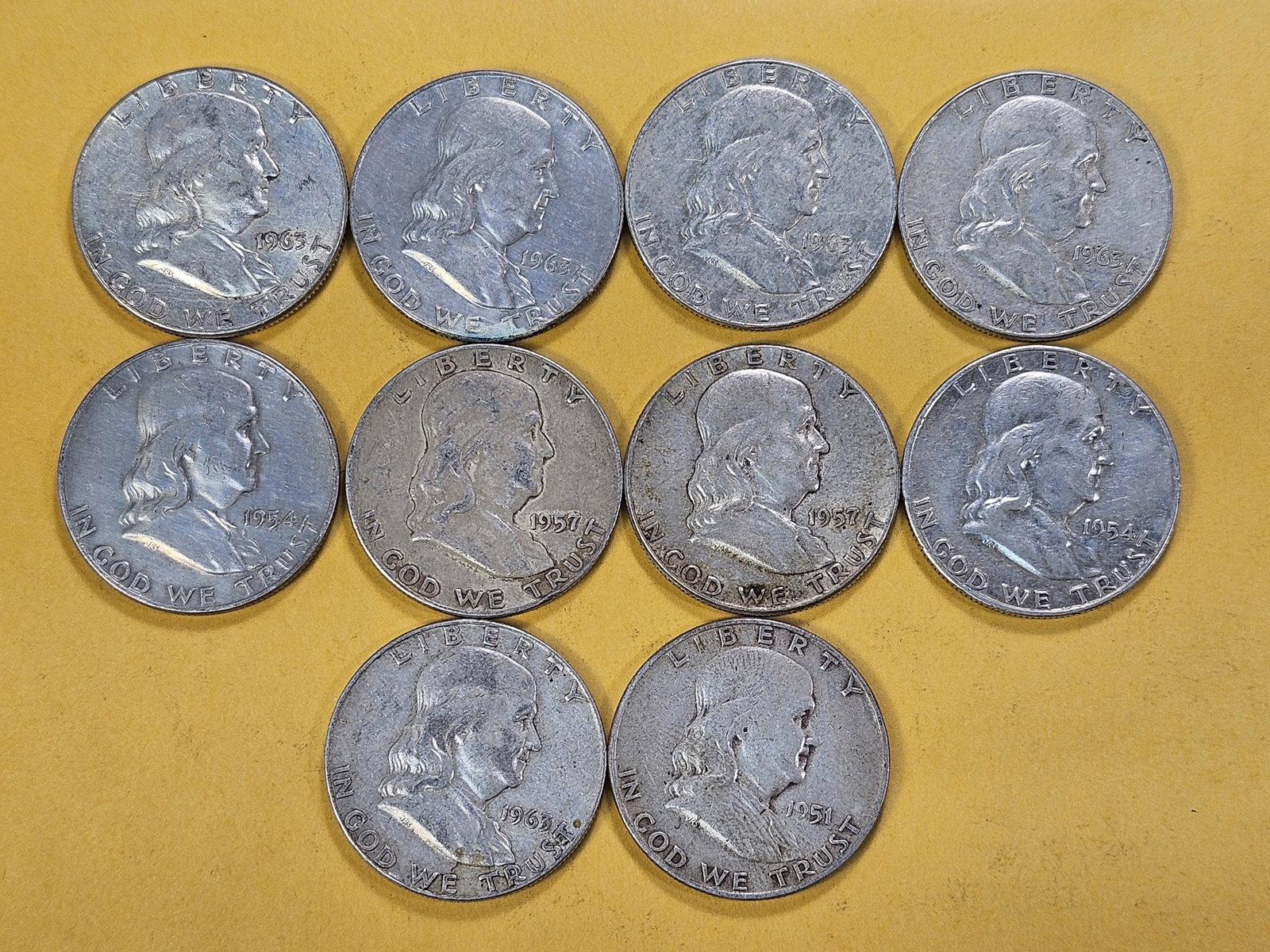 Ten Circulated Franklin Silver Half Dollars - 2