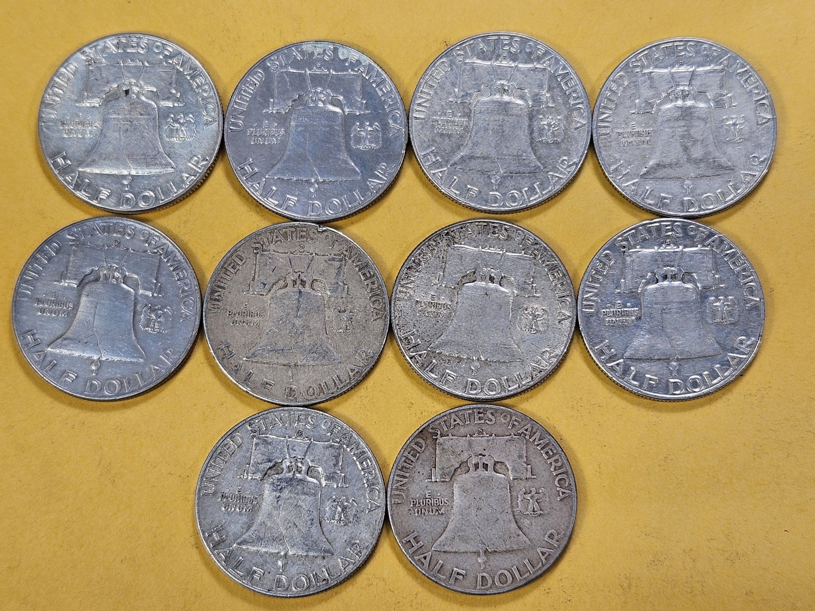 Ten Circulated Franklin Silver Half Dollars - 4