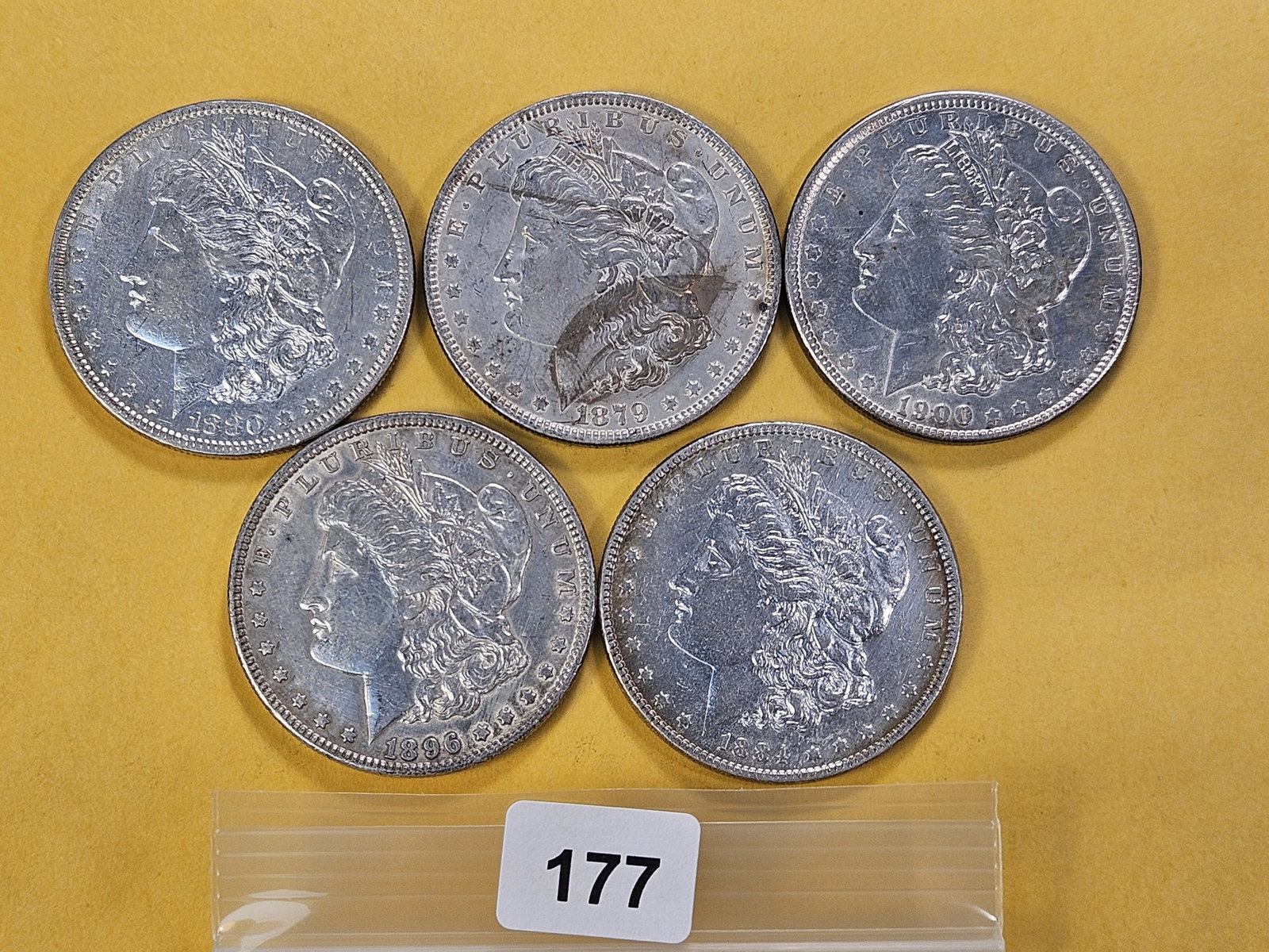 Five Morgan Silver Dollars: 1879, 1880, 1884, 1896 and 1900