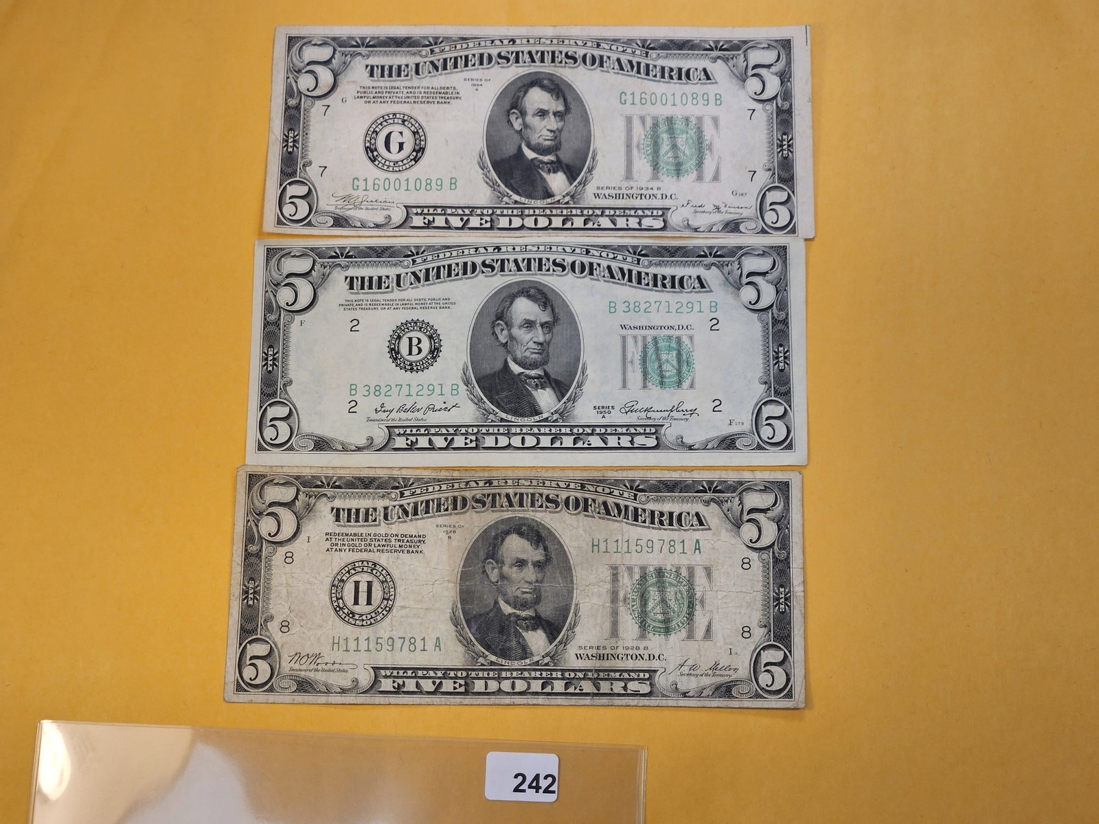 MINT ERRORS! Three Five Dollar Federal Reserve Notes: Off Center Notes! Series 1928-B, 1934-B and 1959-A