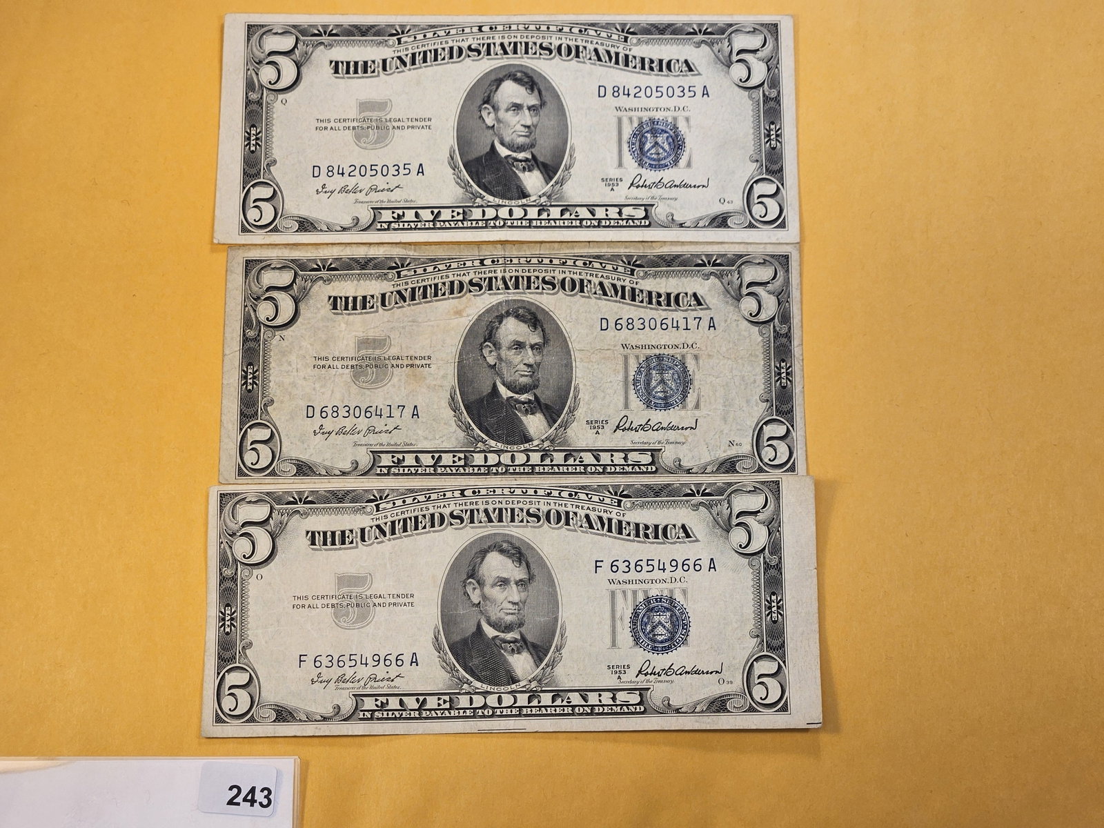 MINT ERRORS! Three Series 1953-A Five Dollar Silver Certificates: Off Center Notes! Blue Seal