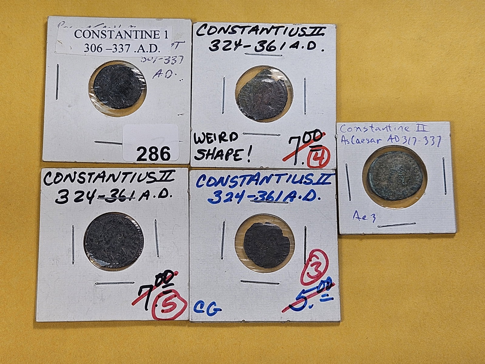 ANCIENTS! Five Ancient Roman Coins 306-361 A.D.: One from the reign of Constantius the First and four from the reign of Constantius the Second