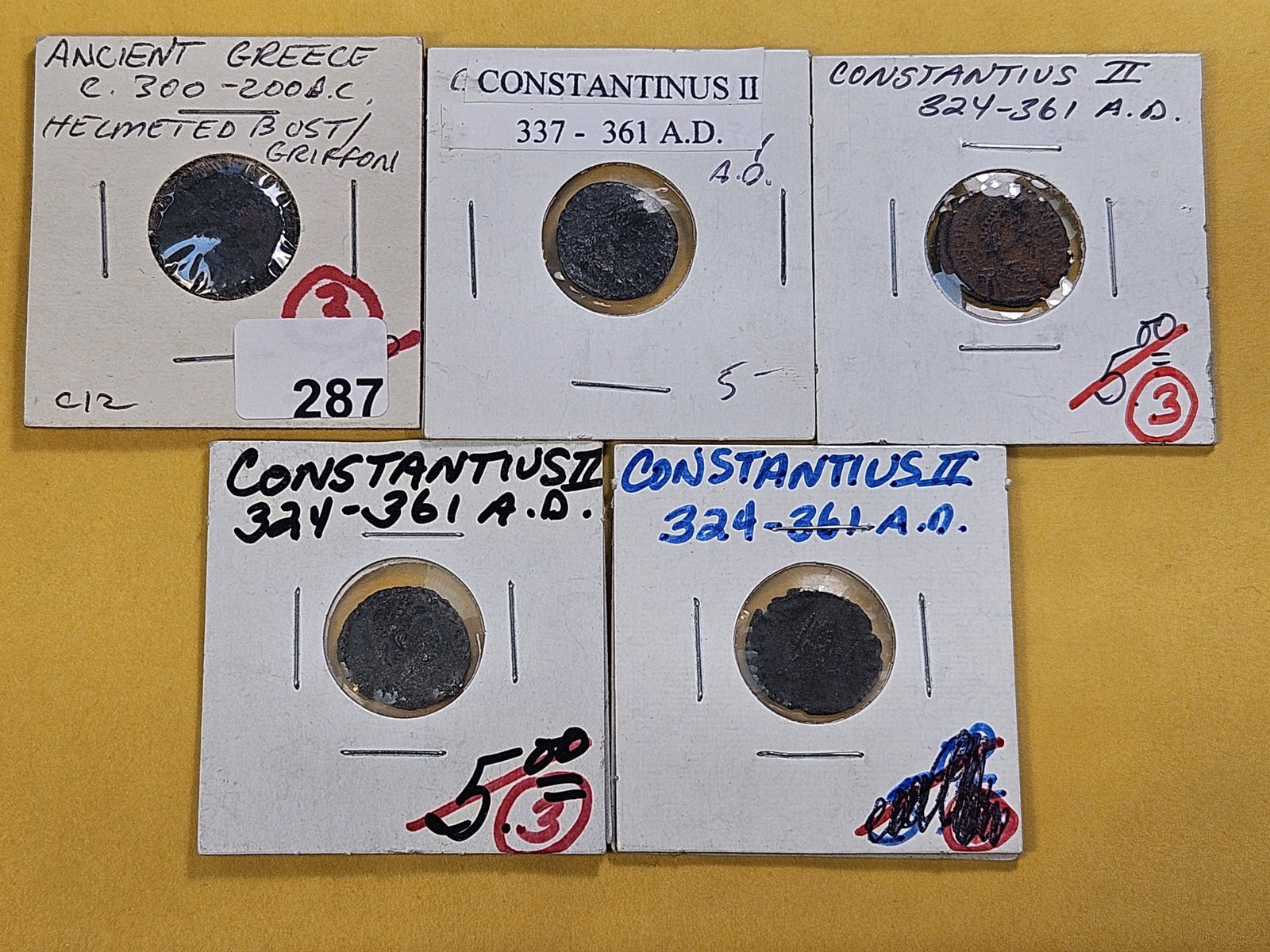 ANCIENTS! Five Ancient Coins from Greece and Rome: Greek 300-200 B.C. coin and for Roman coins 324-361 A.D.