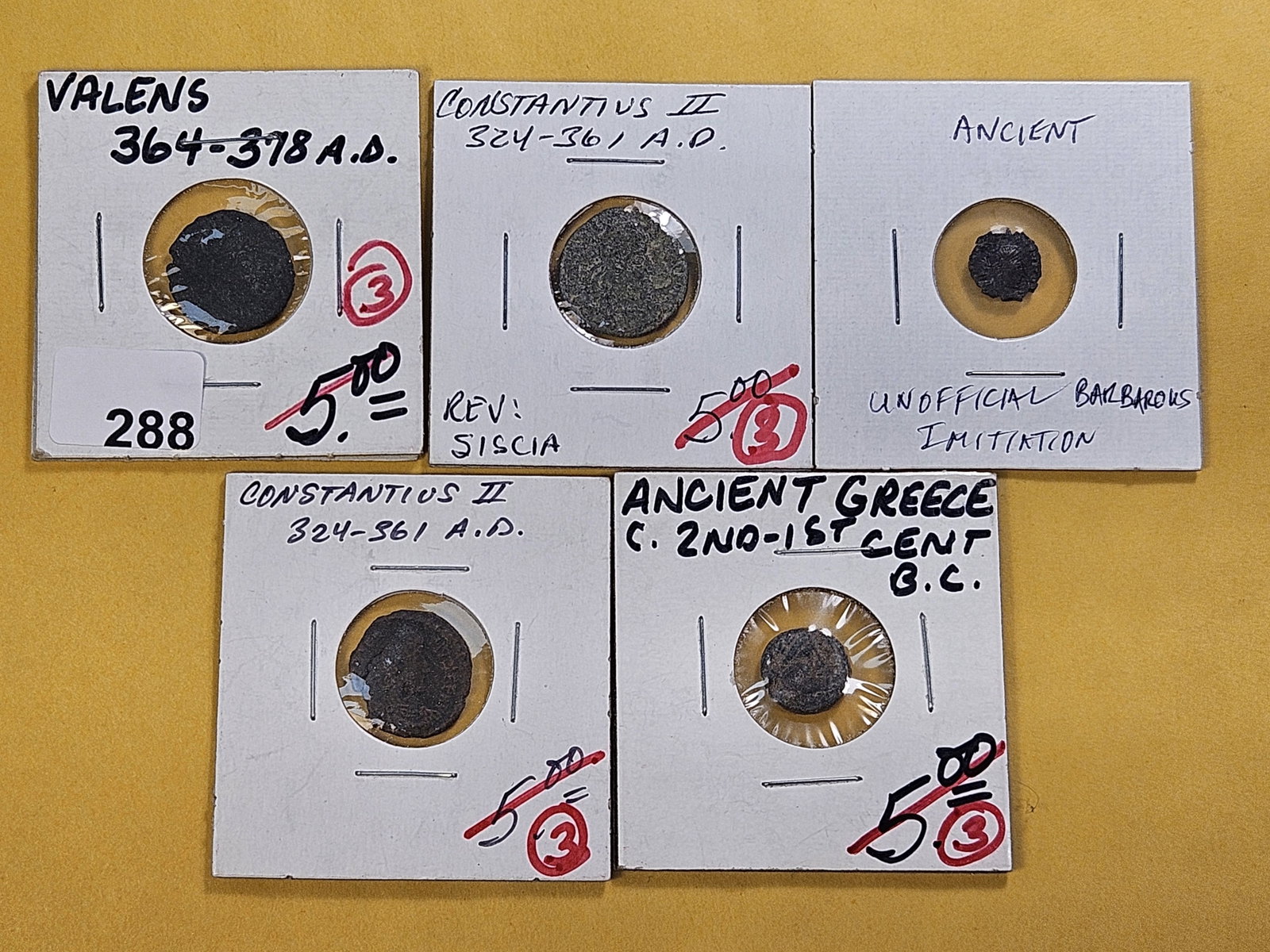 ANCIENTS! Five Ancient Coins from Greece and Rome: Greek Coin from 2nd-1st Century B.C. with four Roman coins from 324-378 A.D.
