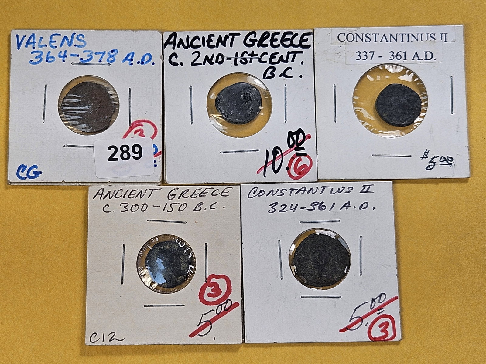 ANCIENTS! Five Ancient Coins from Greece and Rome: Two Greek coins from 300-150 B.C. and for Roman coins 300-378 A.D.