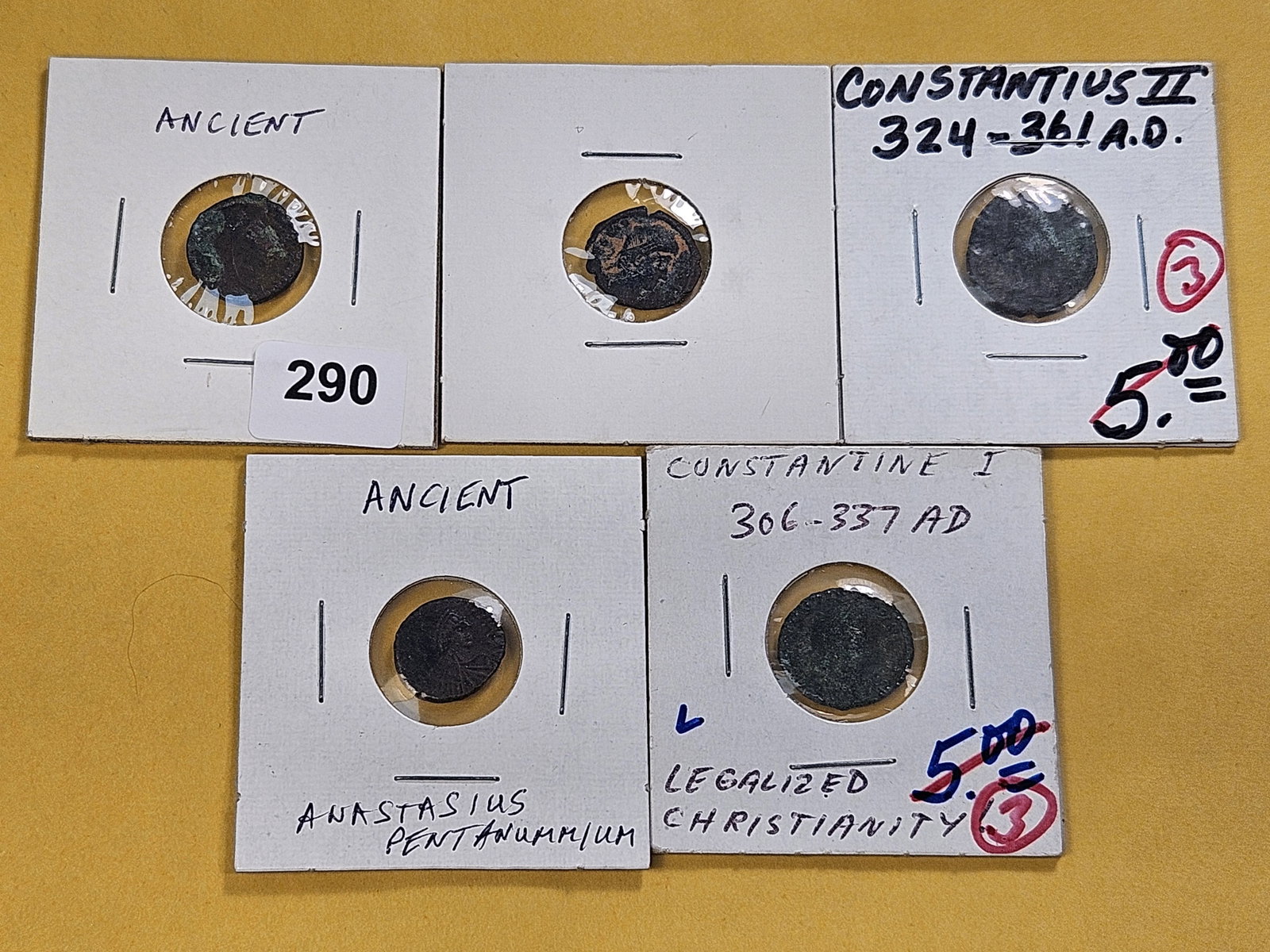 ANCIENTS! Five Ancient Roman Coins 306-361 A.D.: Coins from Constantius the First and Second, three are unknown dates
