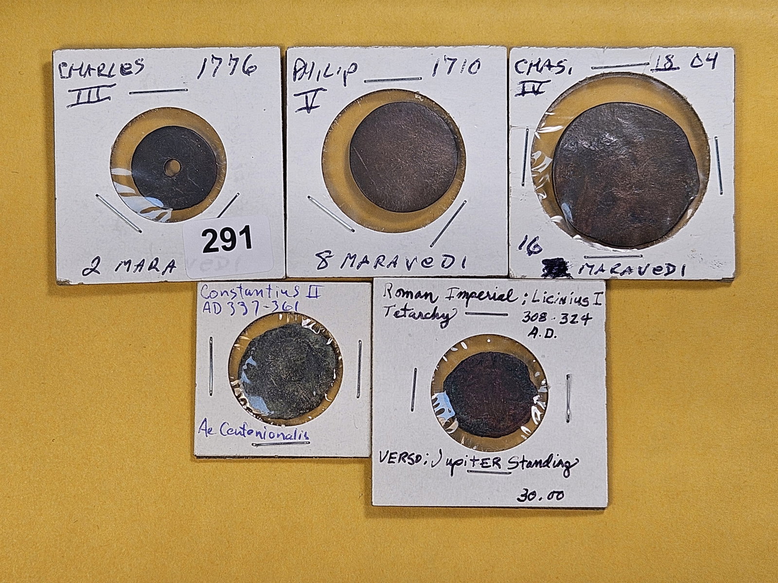ANCIENTS! Two Ancients and Three 17th-18th Century Coins: Two Roman Coins from 308-361 A.D. and three from England