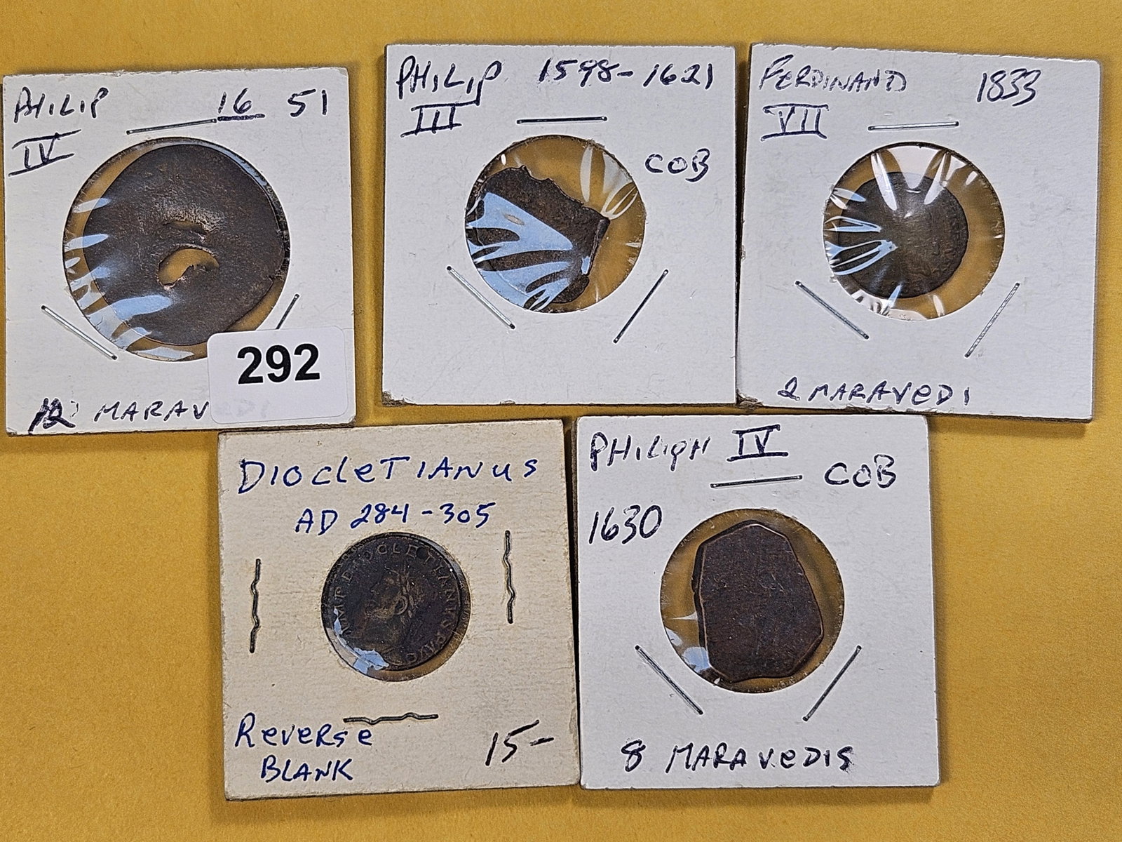 ANCIENT! One Ancient Coin and four Older Foreign Coins: 284-305 A.D. Roman Coin and four Coins from 15-18th Century England