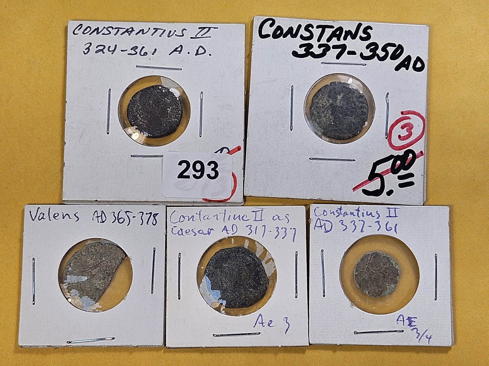 ANCIENTS! Five Ancient Roman Coins 317-378 A.D.: From the reign of Valens and Constantius the first and second.