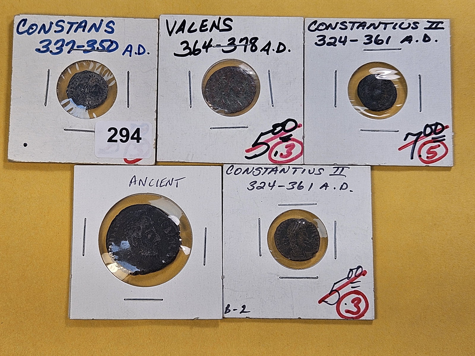 ANCIENTS! Five Ancient Roman Coins 324-378 A.D.: From the reign of Valens and Constantius the first and second. One is an unknown Date