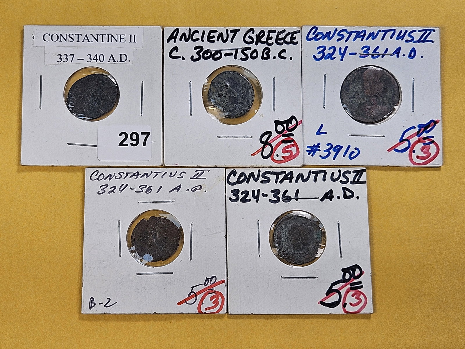ANCENITS! Five Ancient Coins from Greece and Rome: Four from the Reign of Constantius the second and Greek Coin from 300-150 B.C.