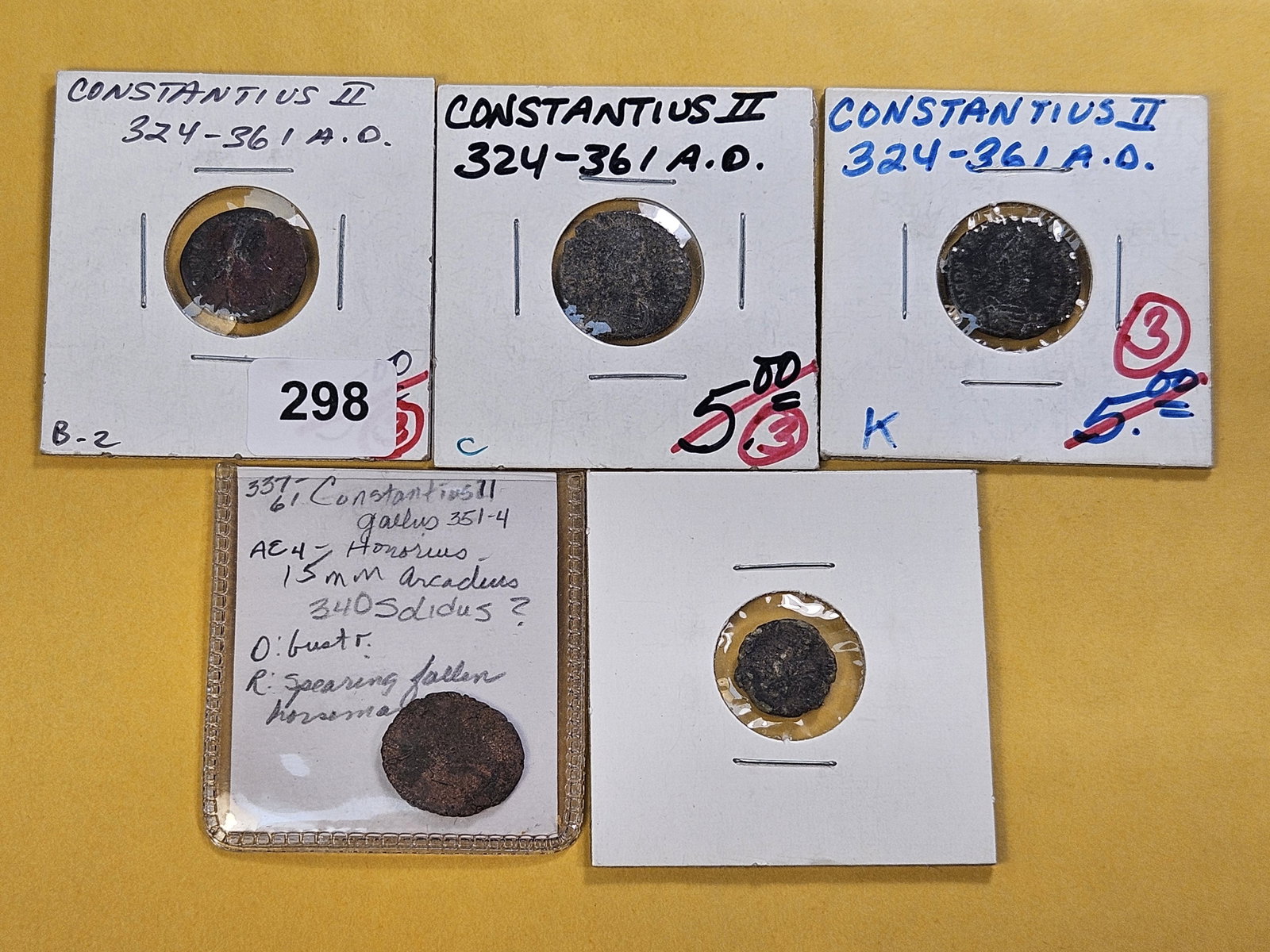 ANCIENTS! Five Ancient Roman Coins 324-361 A.D.: Four from the Reign of Constantius the second and one unknown Date