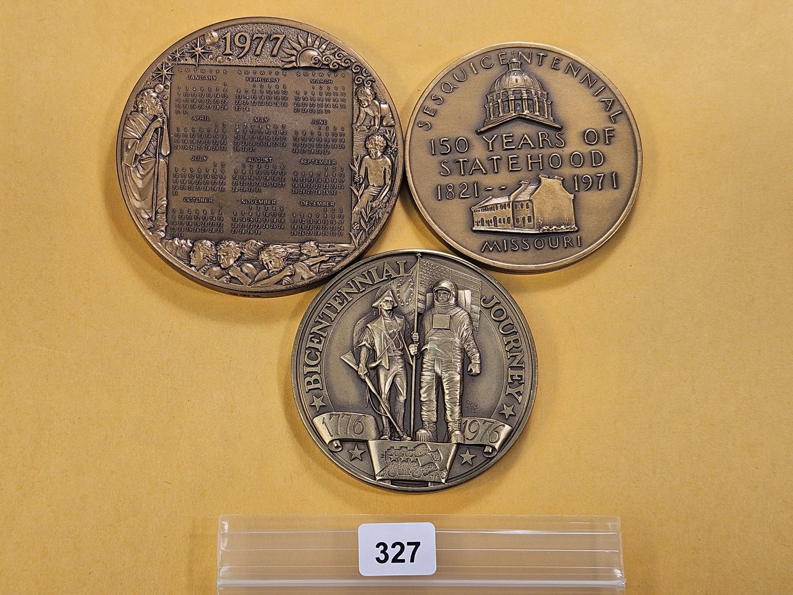 Three Large Size Bronze Medals: Bicentennial Medal, Missouri Sesquicentennial and 1977 Calendar