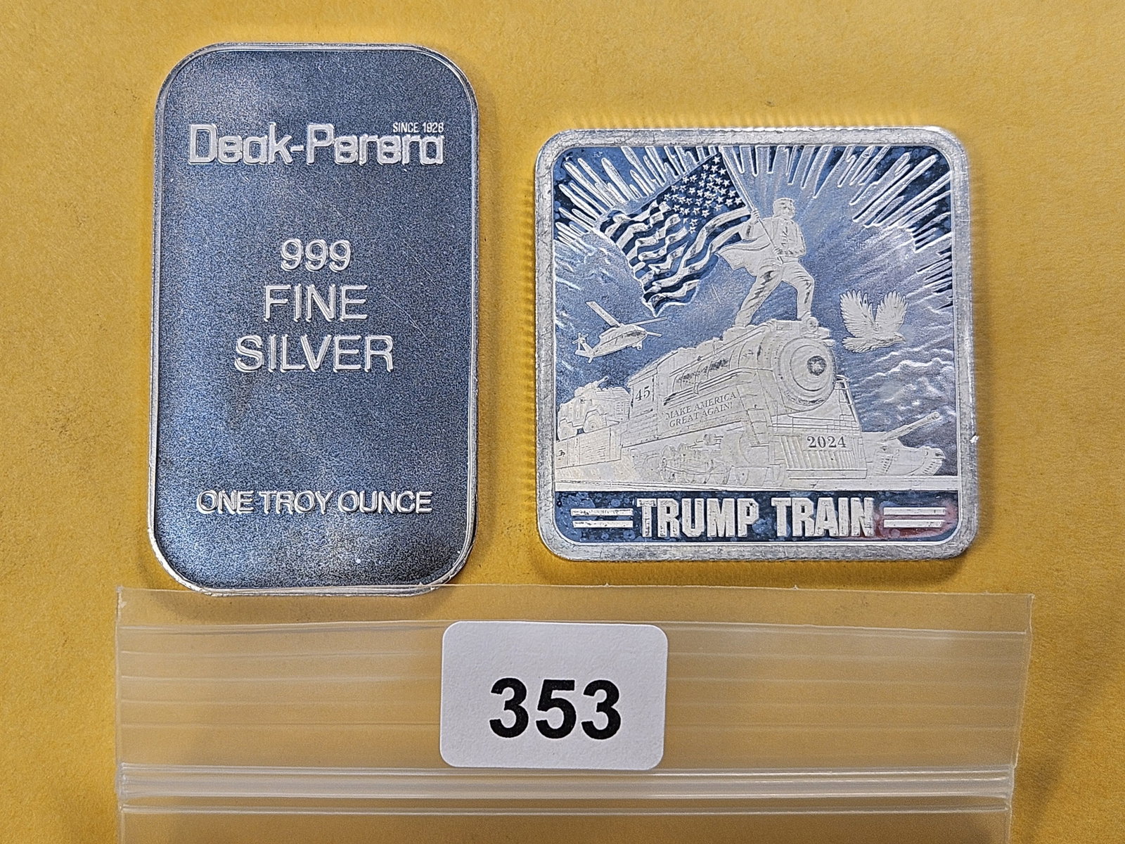 Two 1-Troy Ounce .999 Fine Silver Bars: One is from Deak-Perera and the other is Trump Themed