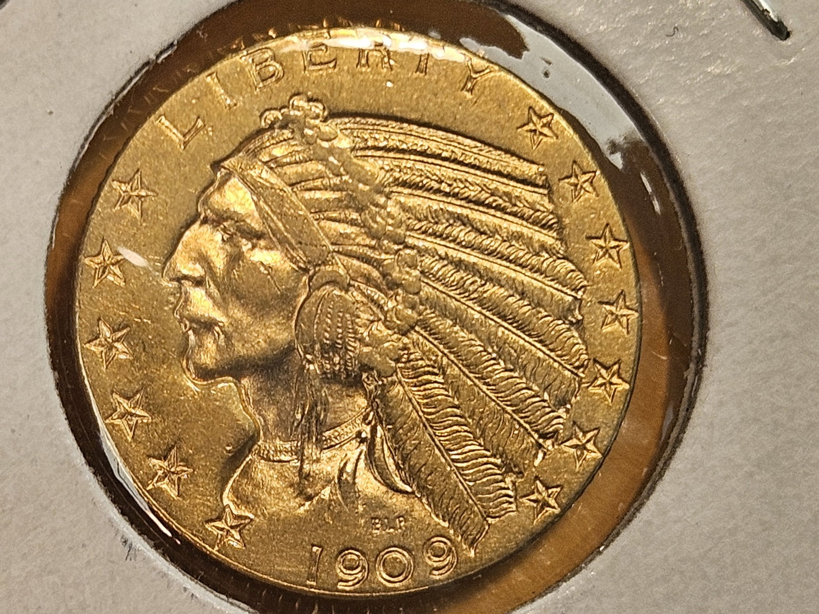 GOLD! Brilliant About Uncirculated plus 1909-D Gold Indian Five Dollars: Half Eagle