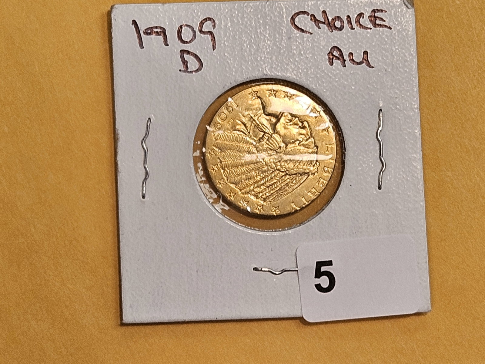 GOLD! Brilliant About Uncirculated plus 1909-D Gold Indian Five Dollars - 2