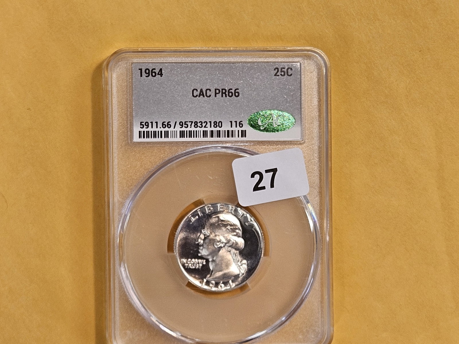 CACG 1964 silver Washington Quarter in Proof 66 - 3