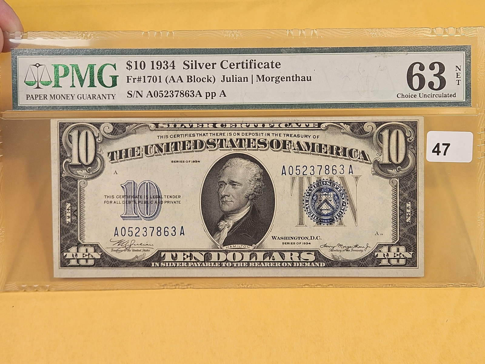 PMG 1934 Ten Dollar Silver Certificate in Choice Uncirculated 63: FR # 1701.