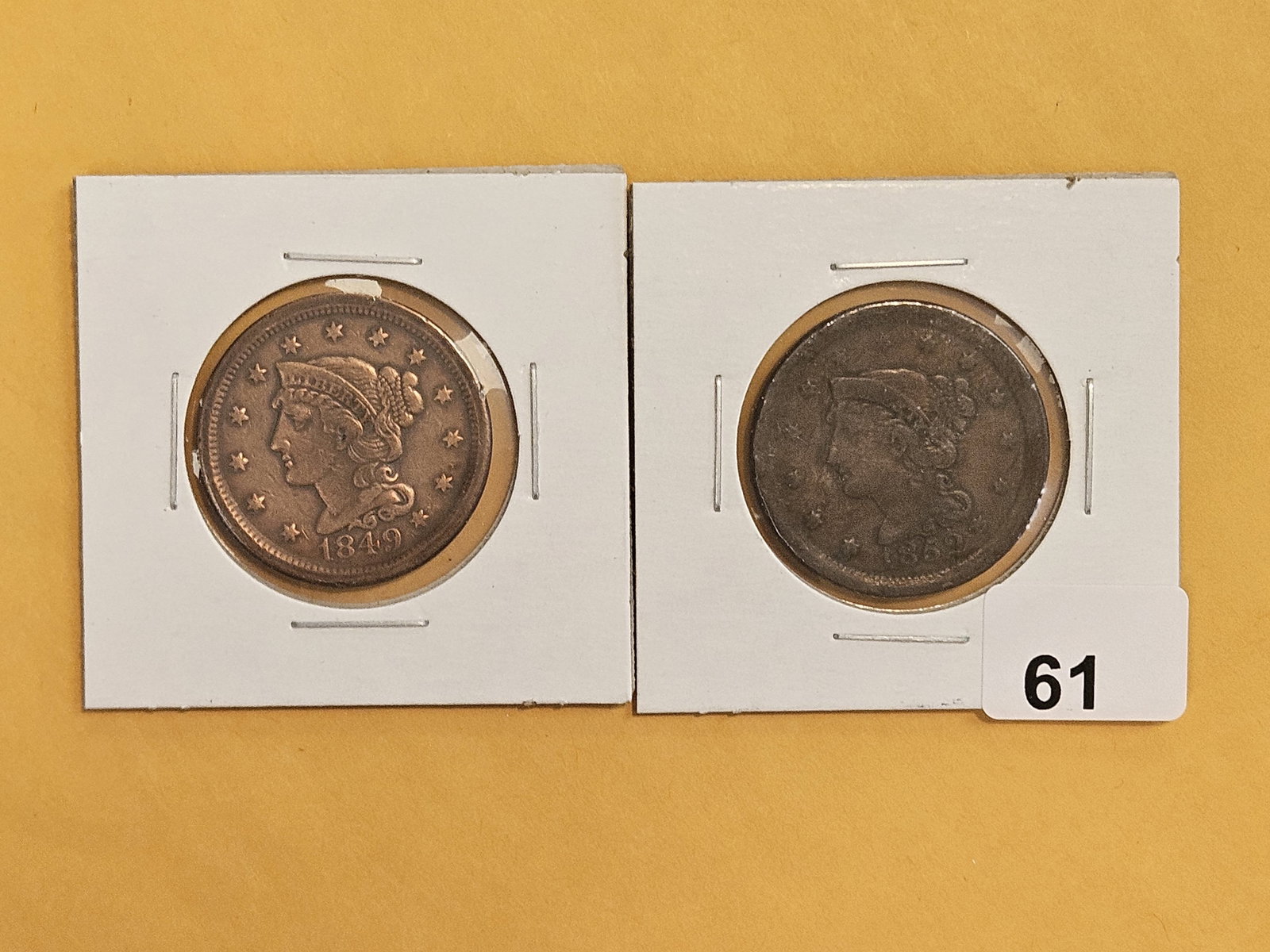 1849 and 1852 Braided Hair large Cents: Both moderately circulated