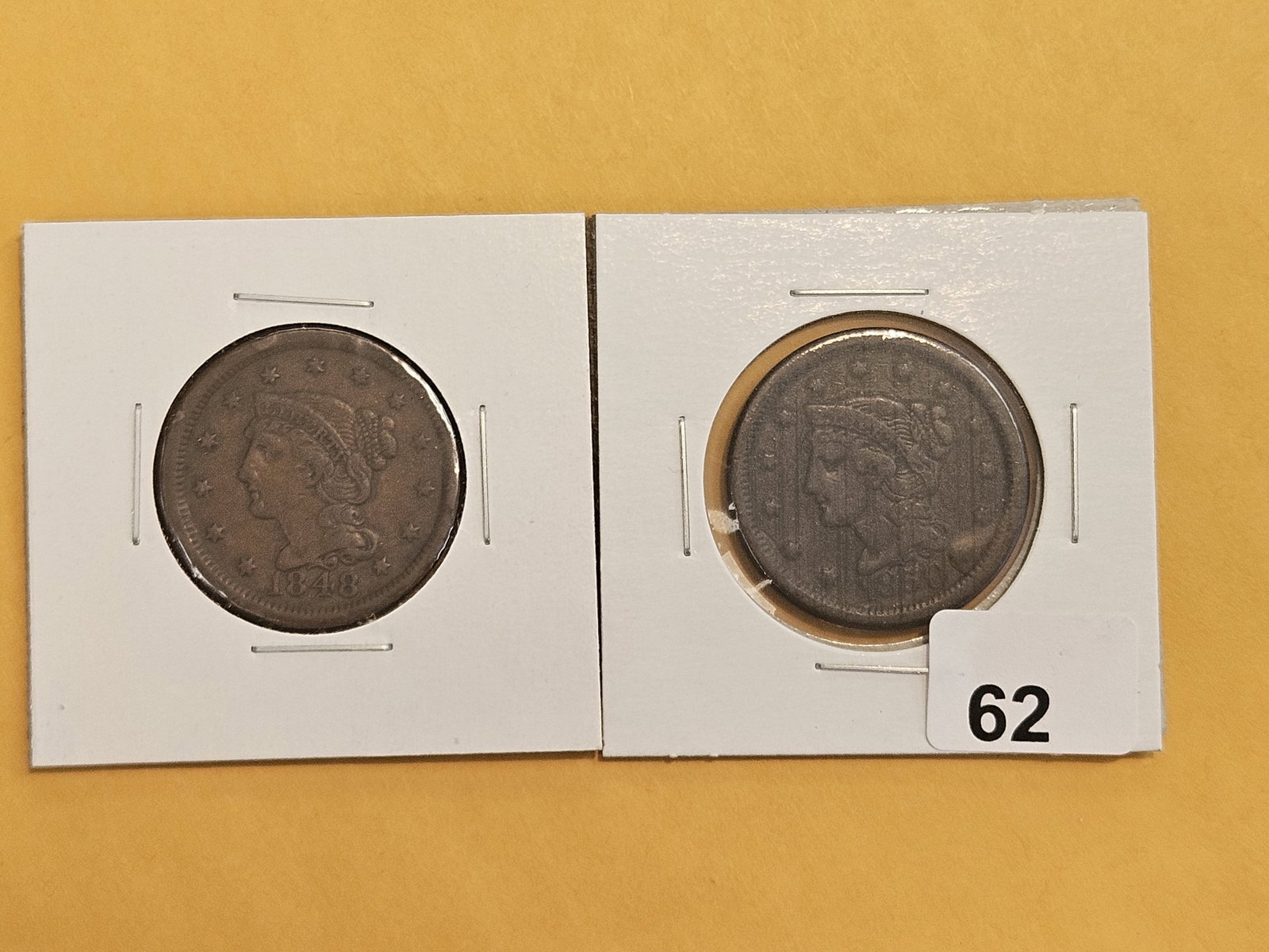 1848 and 1850 Braided Hair Large Cents: Both moderately circulated