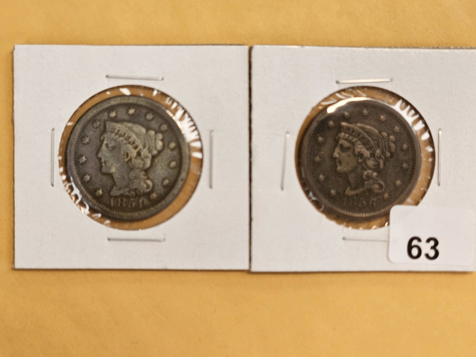1851 and 1856 Braided Hair Large Cents: Both moderately circulated