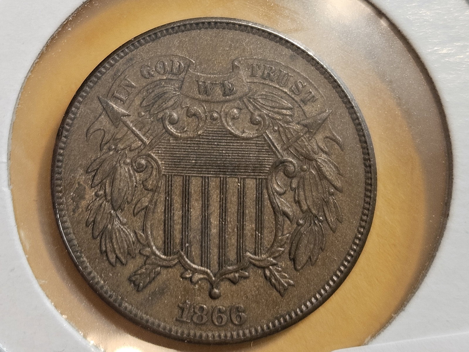 * Very Choice Uncirculated 1866 Two Cent piece: Great color and very sharp. Dealer I got it from thought it would grade MS-64