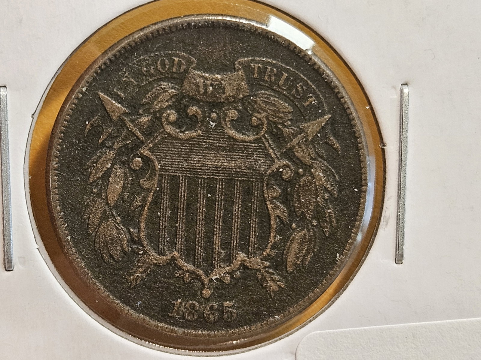 1865 Two Cent piece in About Uncirculated - details: Surface corrosion