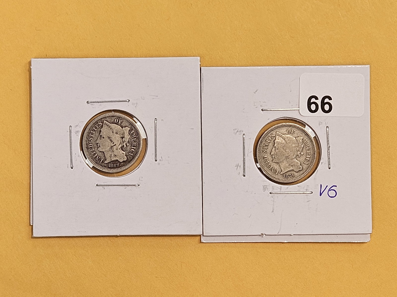 1867 and 1871 Three Cent Nickels: Both moderately circulated