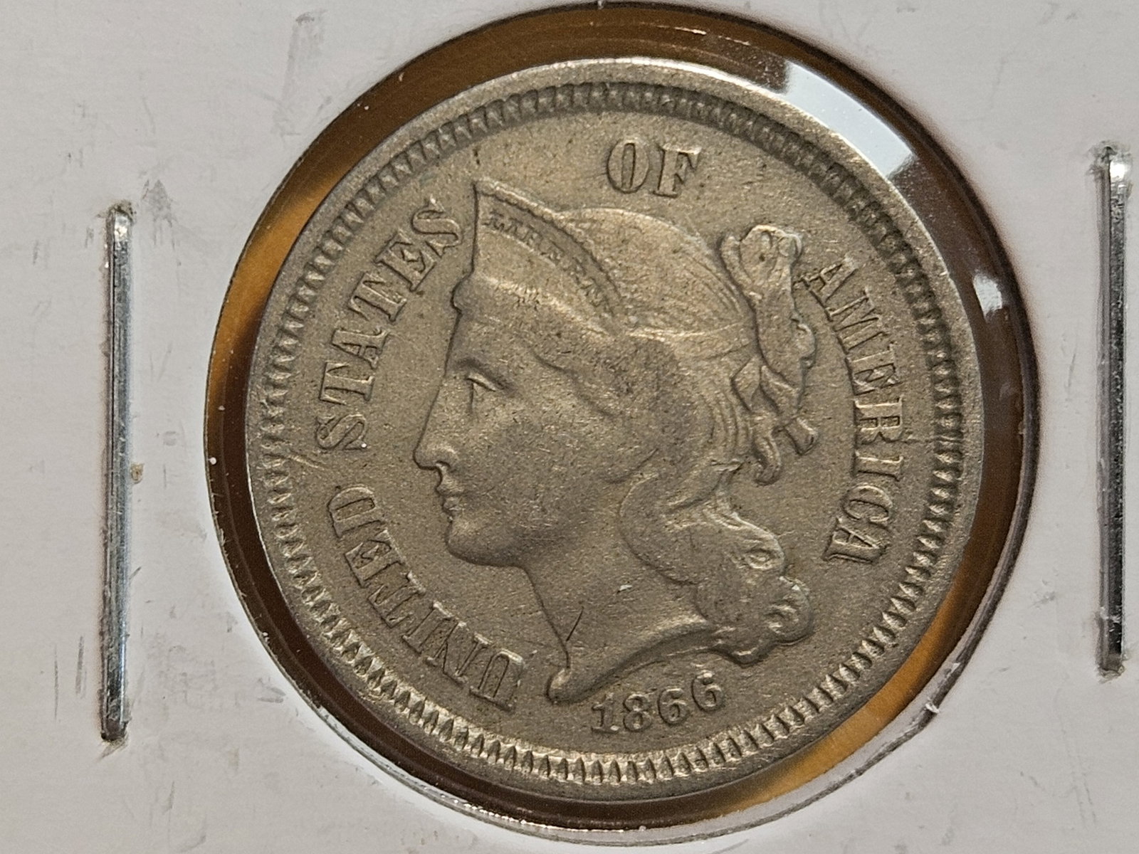 1866 Three Cent Nickel in Very Fine plus: Solid