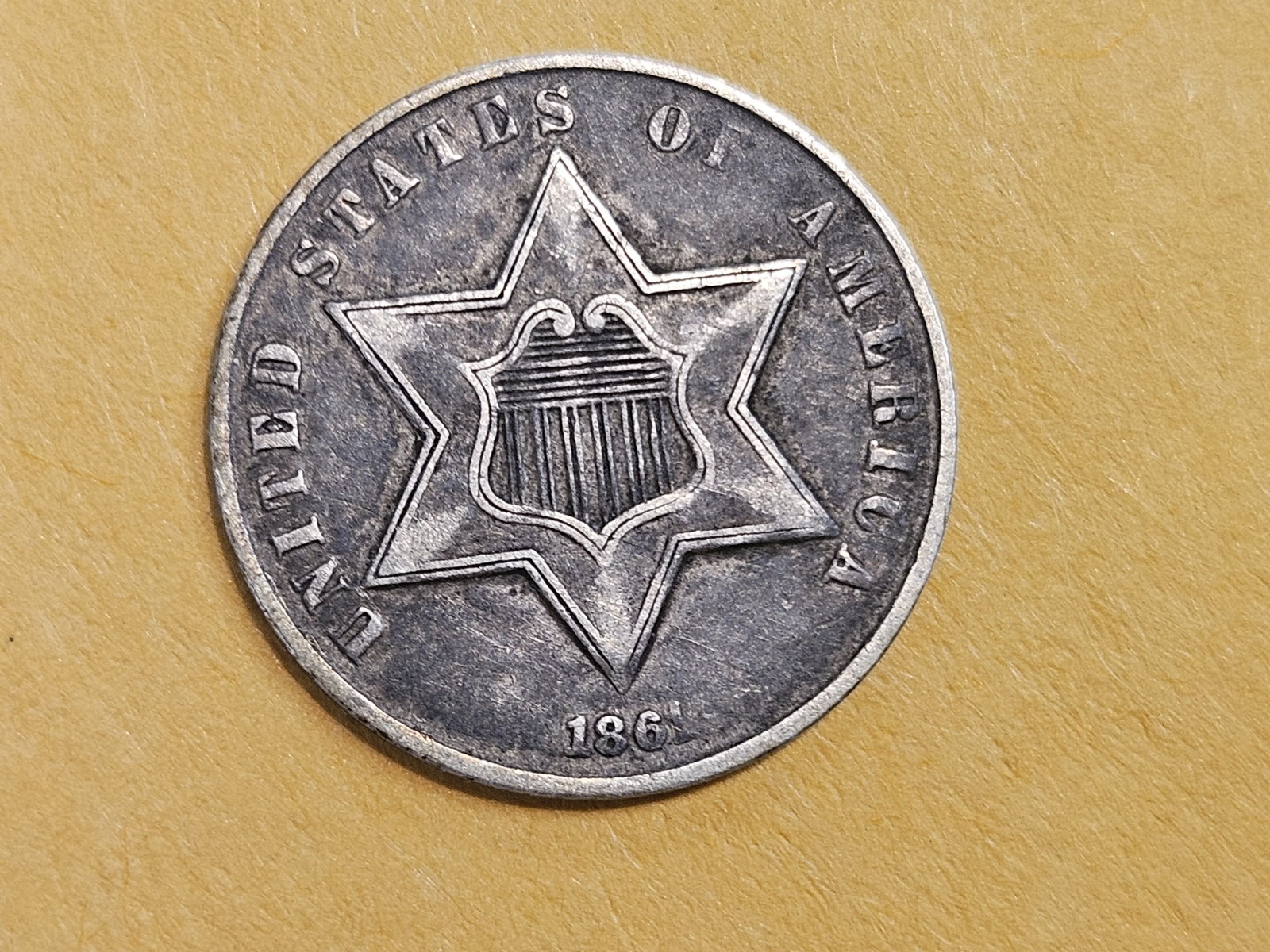 1861 Three Cent Silver Trime in Very Fine plus: The Reverse is rotated 180 degrees!
