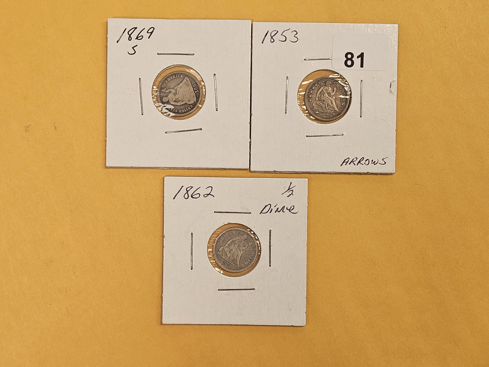 Three Seated Liberty silver Half-Dimes: 1869-S, 1853 and 1862