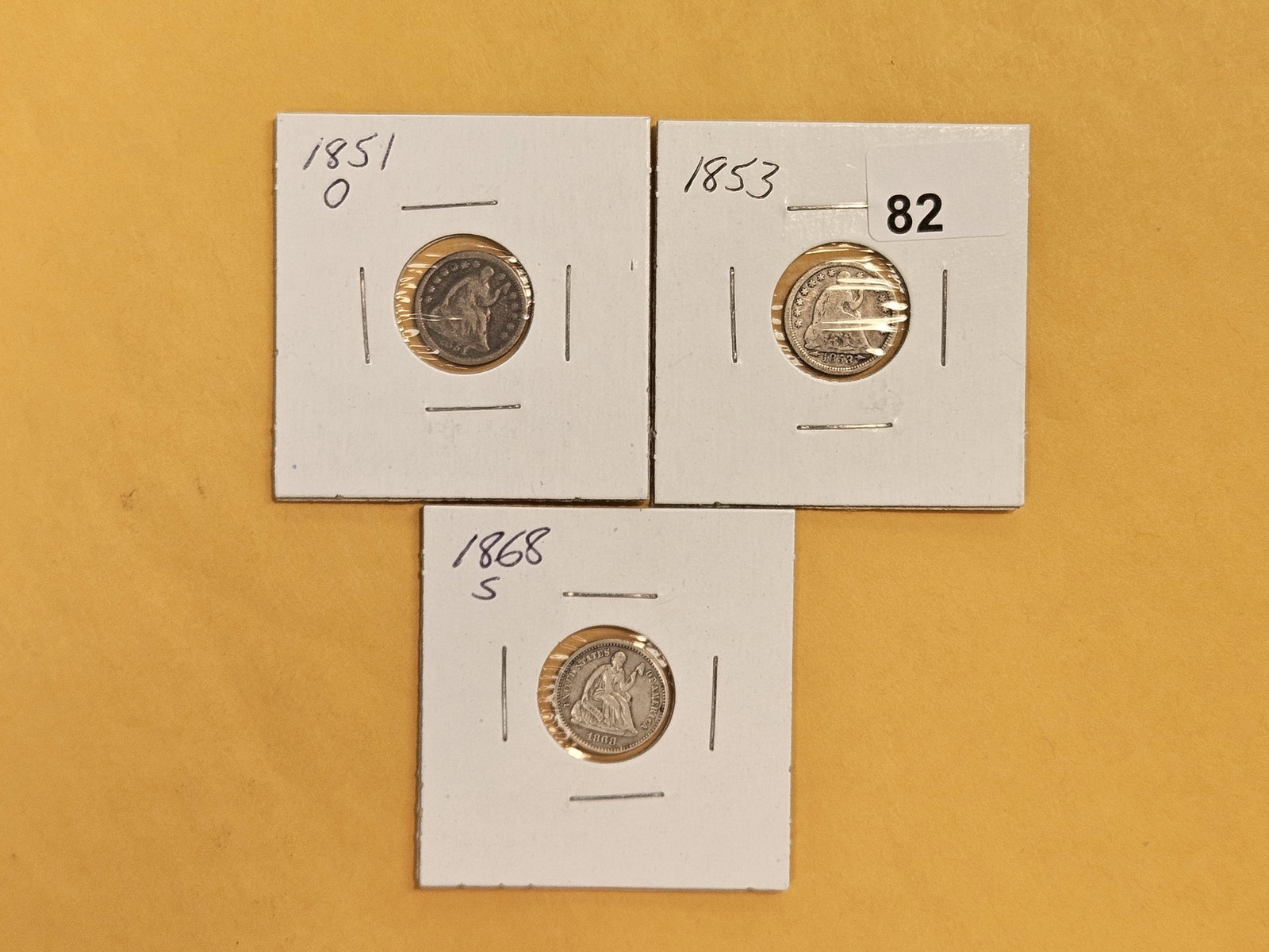 Three Seated Liberty silver Half-Dimes: 1851-O, 1853 and 1868-S