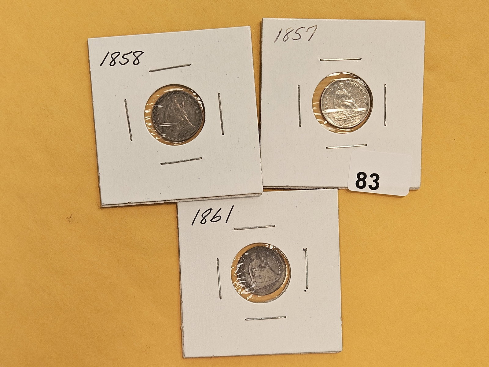Three Seated Liberty silver Half-Dimes: 1858, 1857 and 1861