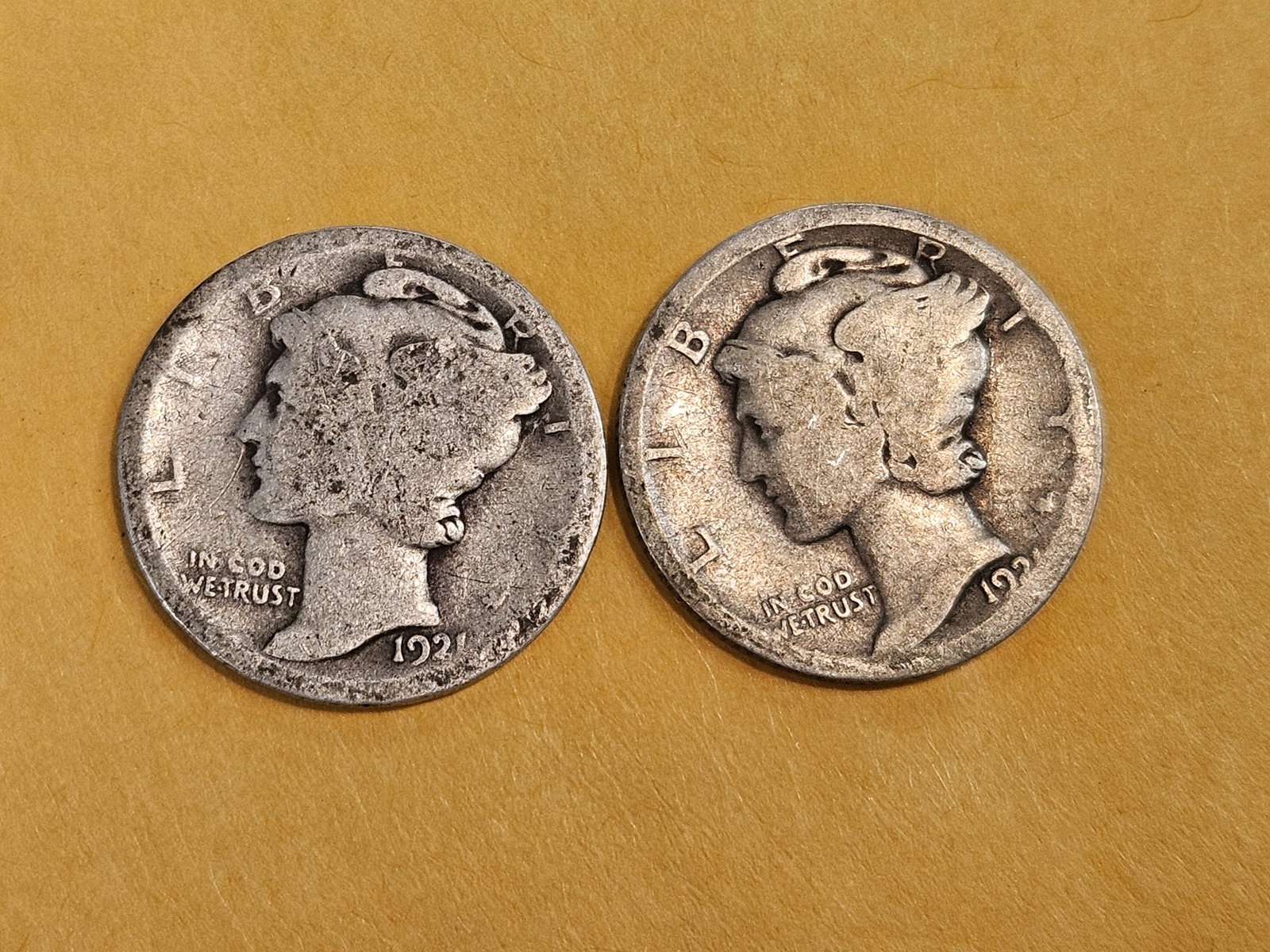 Two Key Date 1921 Mercury silver Dimes: Both well circulated