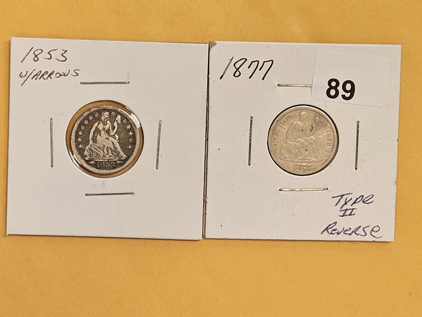1853 with Arrows and 1877 Seated Liberty Silver Dimes: In Fine and Very Fine plus