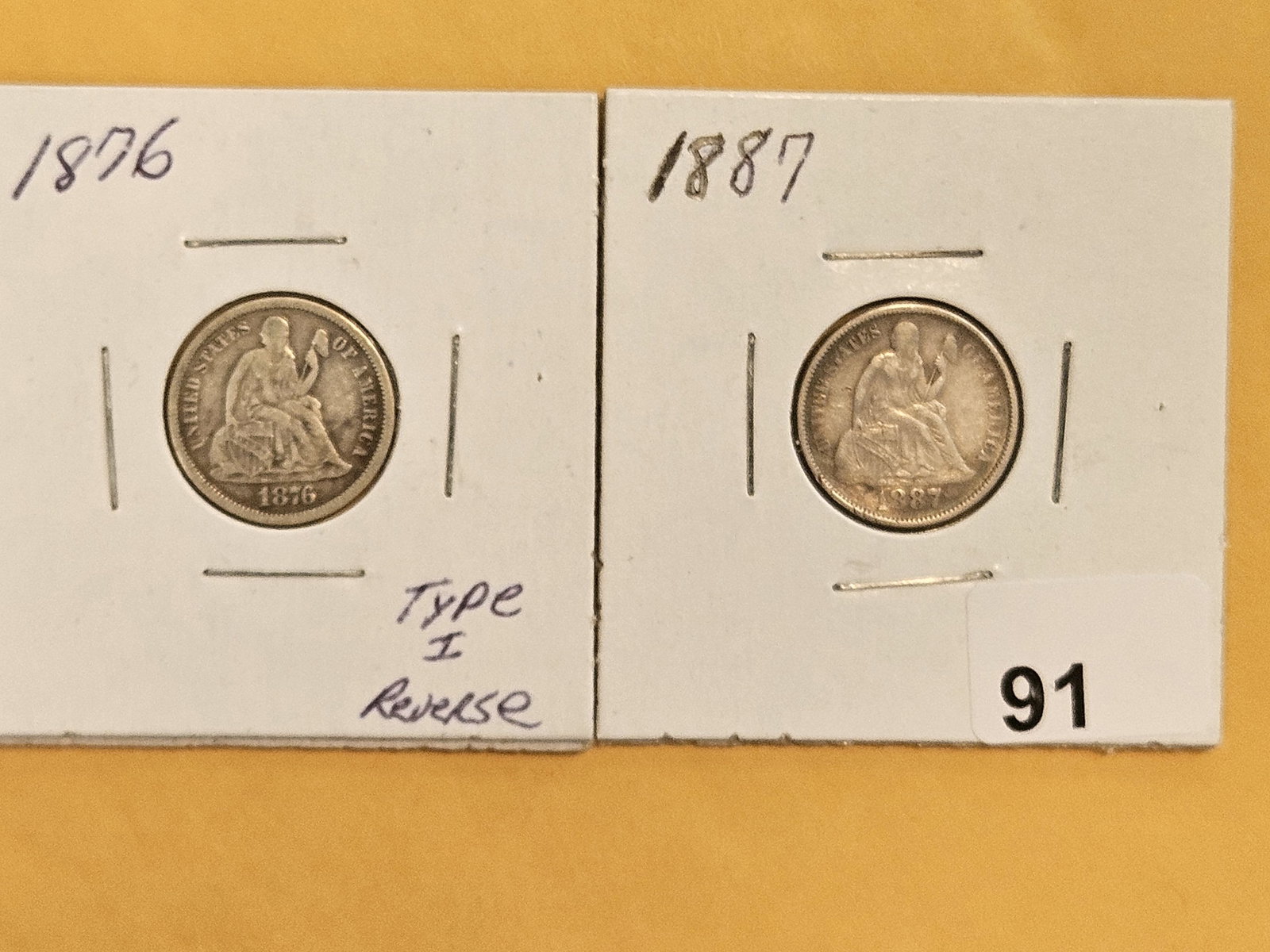 1876 and 1887 Seated Liberty Silver Dimes: In Very Fine and Very Fine plus
