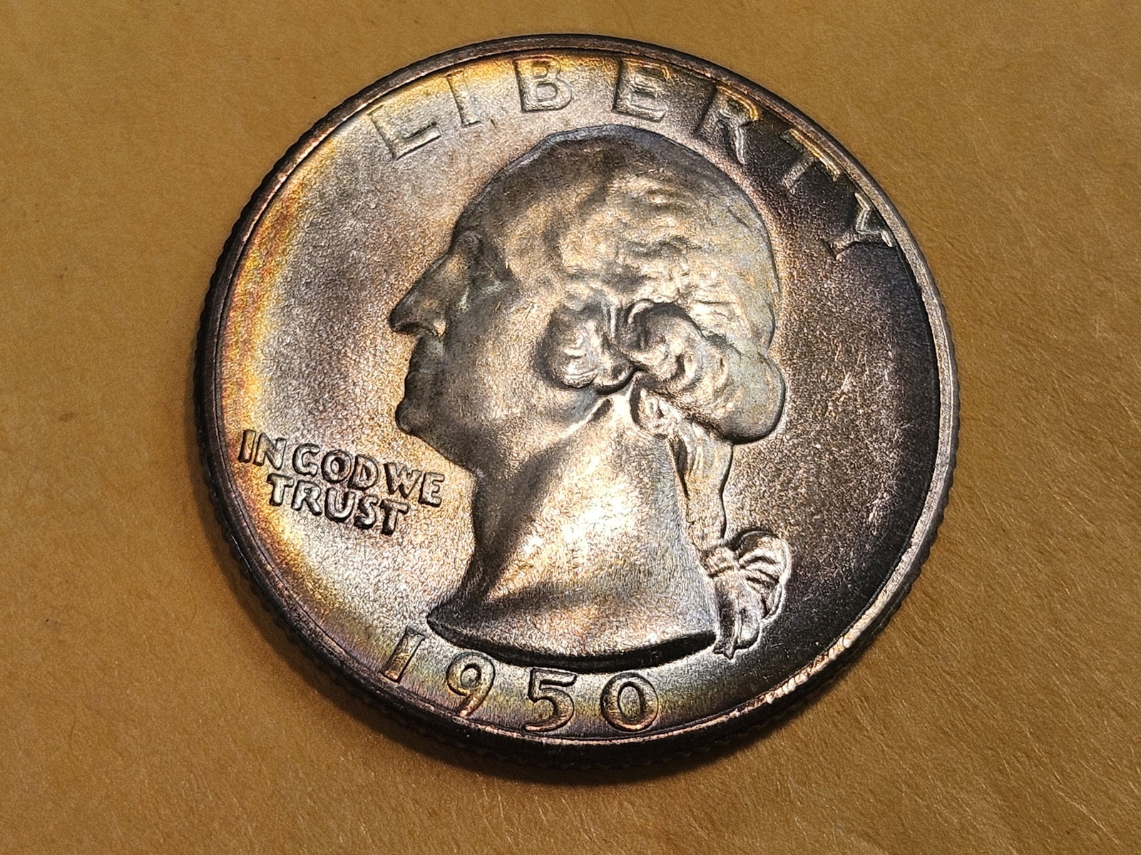 Gorgeous GEM Brilliant Uncirculated 1950-S Washington Quarter: Amazing toning from an old Waytte Raymond album!