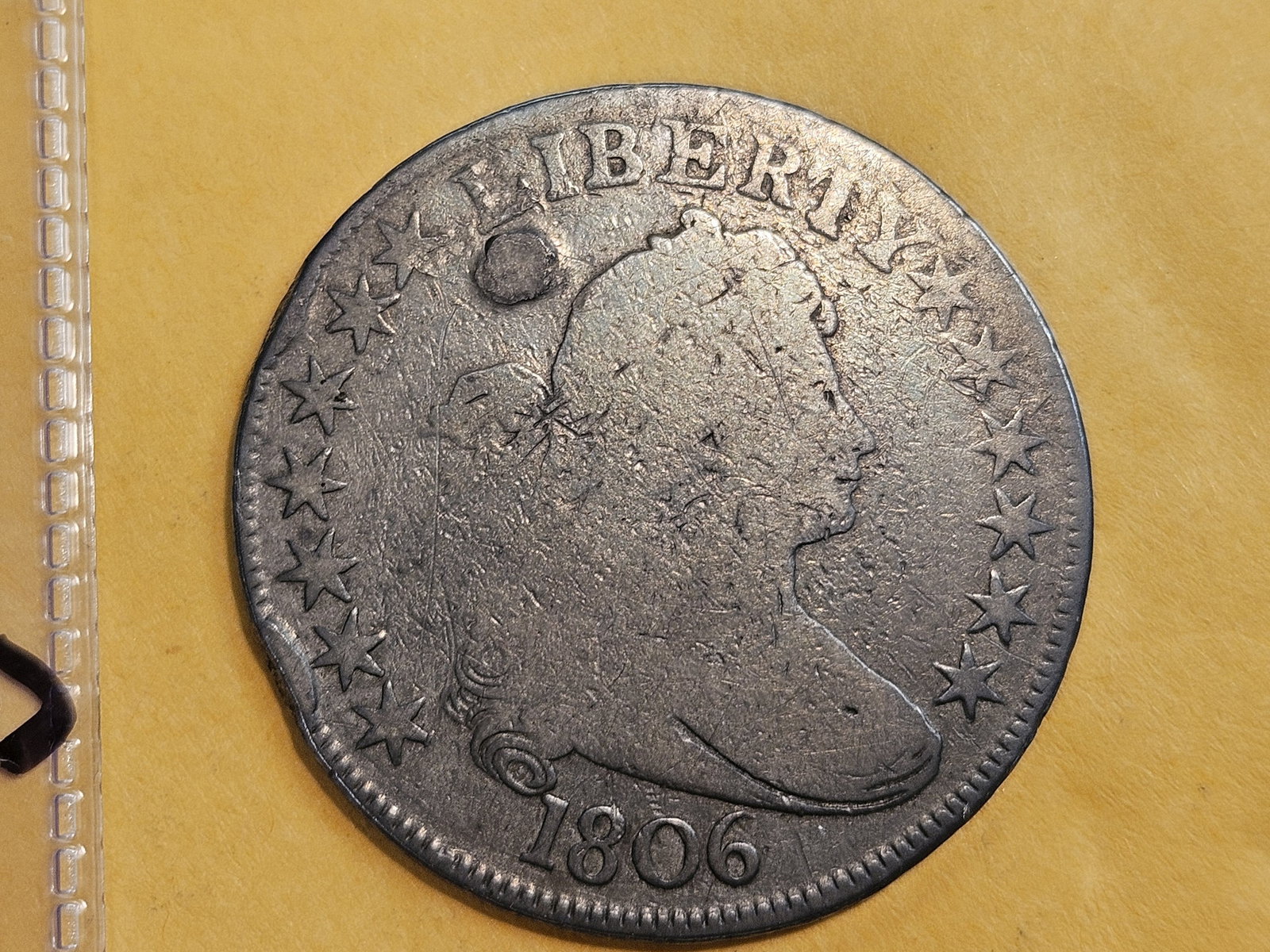 * Scarcer 1806 Draped Bust silver half dollar: Pointed 6. Repaired hole