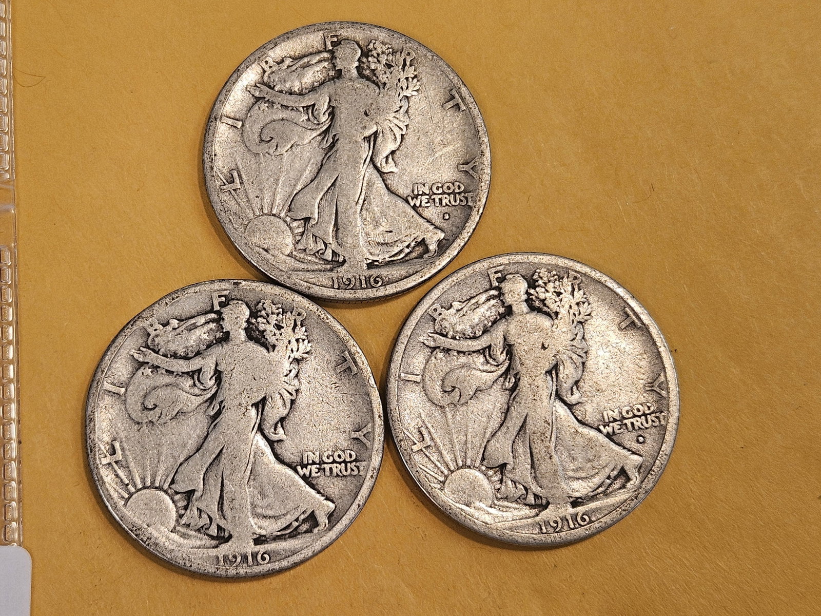 First Year Issue 1916 P-D-S Silver Walking Liberty Half Dollar set: All in Very Good