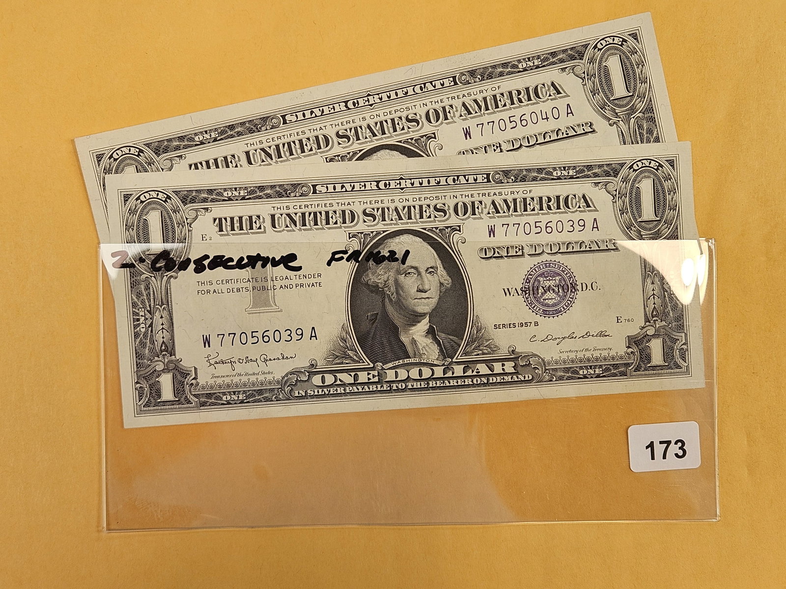 Two Crisp Uncirculated Series 1957-B CONSECUTIVE One Dollar Silver Certificates: FR 1621. Sequential