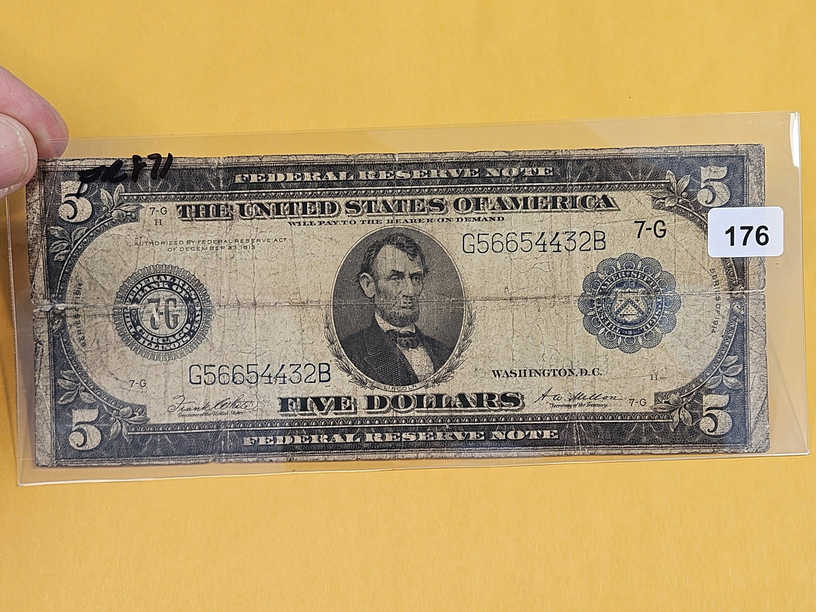 Series of 1914 Five Dollar Large Size FRN: FR 871. Well circulated