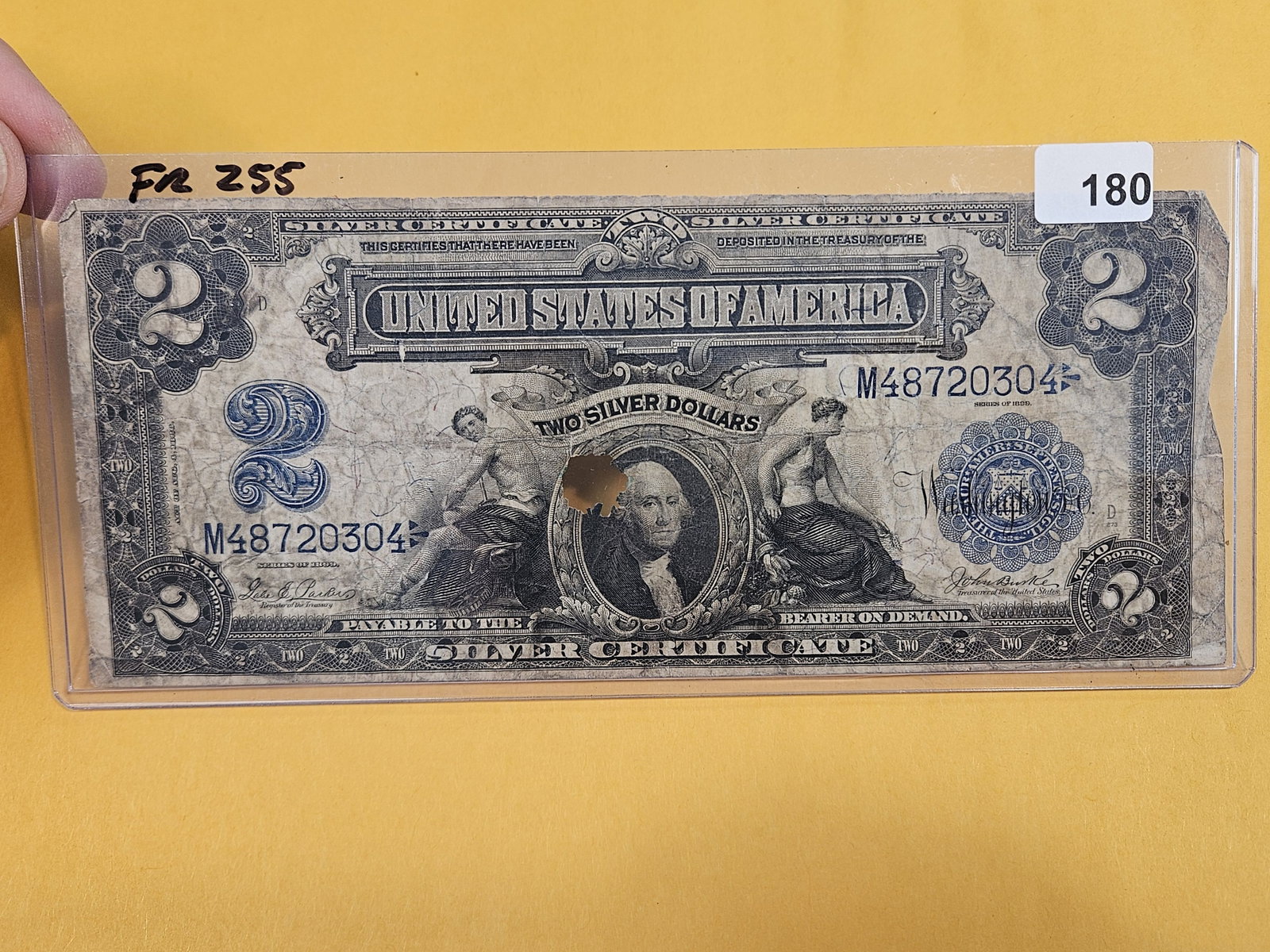 Series of 1899 TWO Dollar Large Size Silver Certificate: FR 255. Hole in the middle