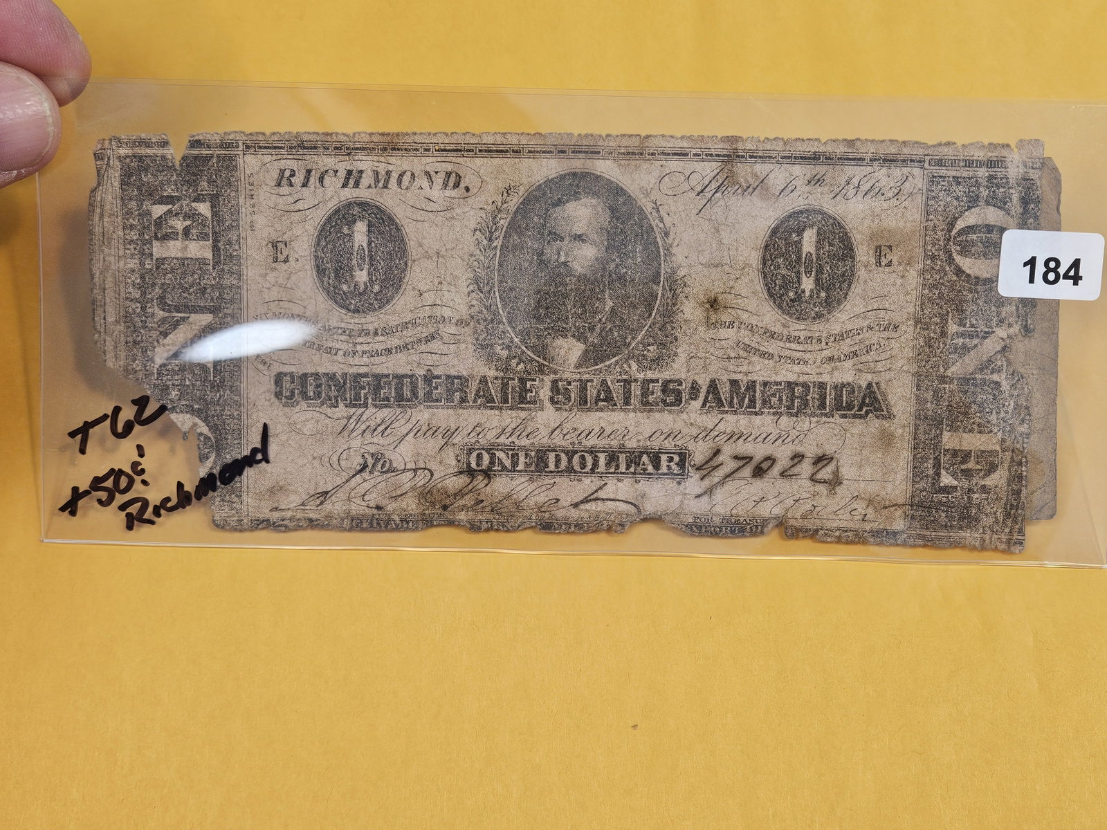 Two Confederate States of America Notes: T-62 and T-50. Both very well circulated
