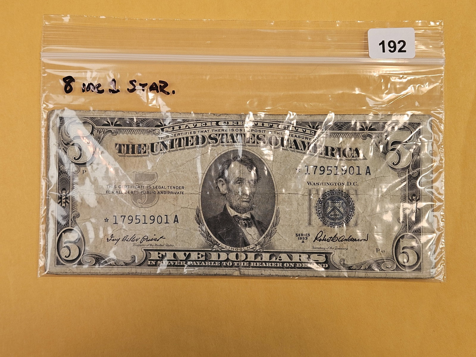 Eight $5 Silver Certificates: Includes one star note. All well circulated
