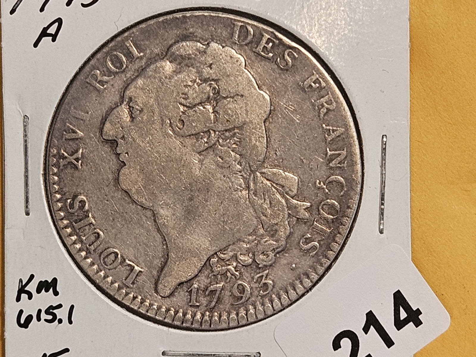 1793-A France silver 6 livres in Very Fine: Km 615.1