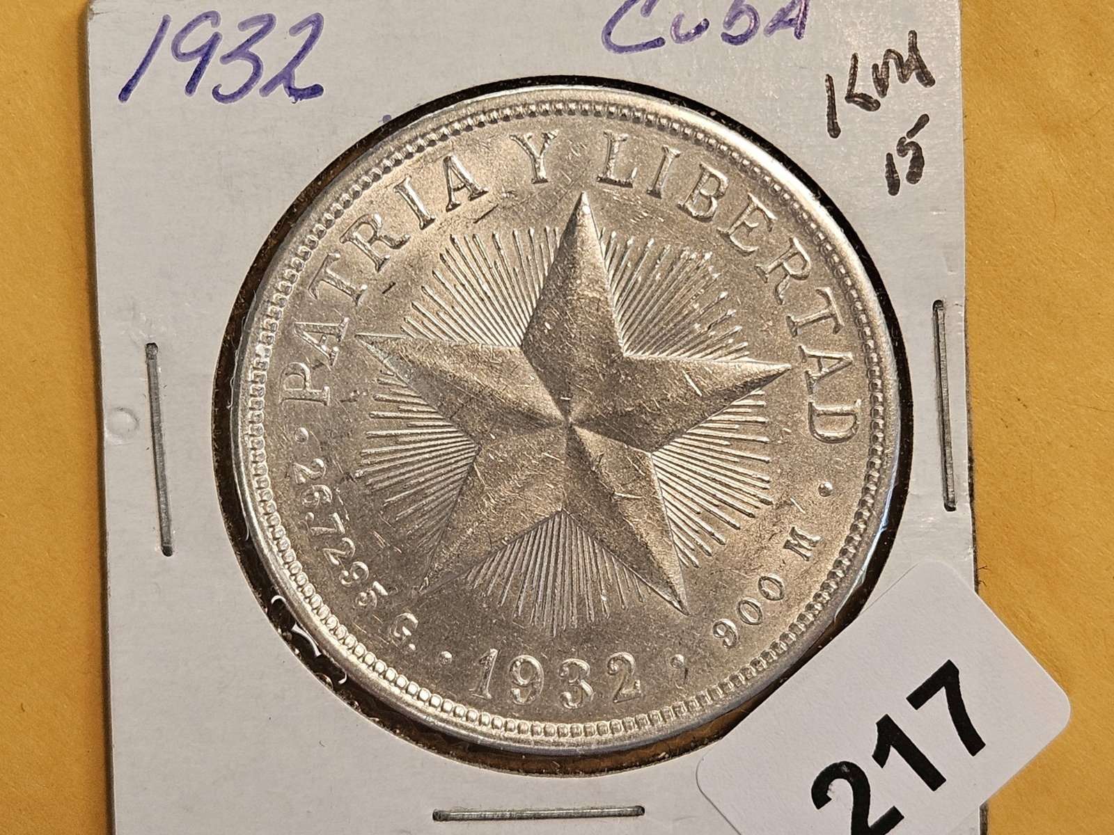 * Brilliant AU-BU 1932 Cuba silver peso: KM 15