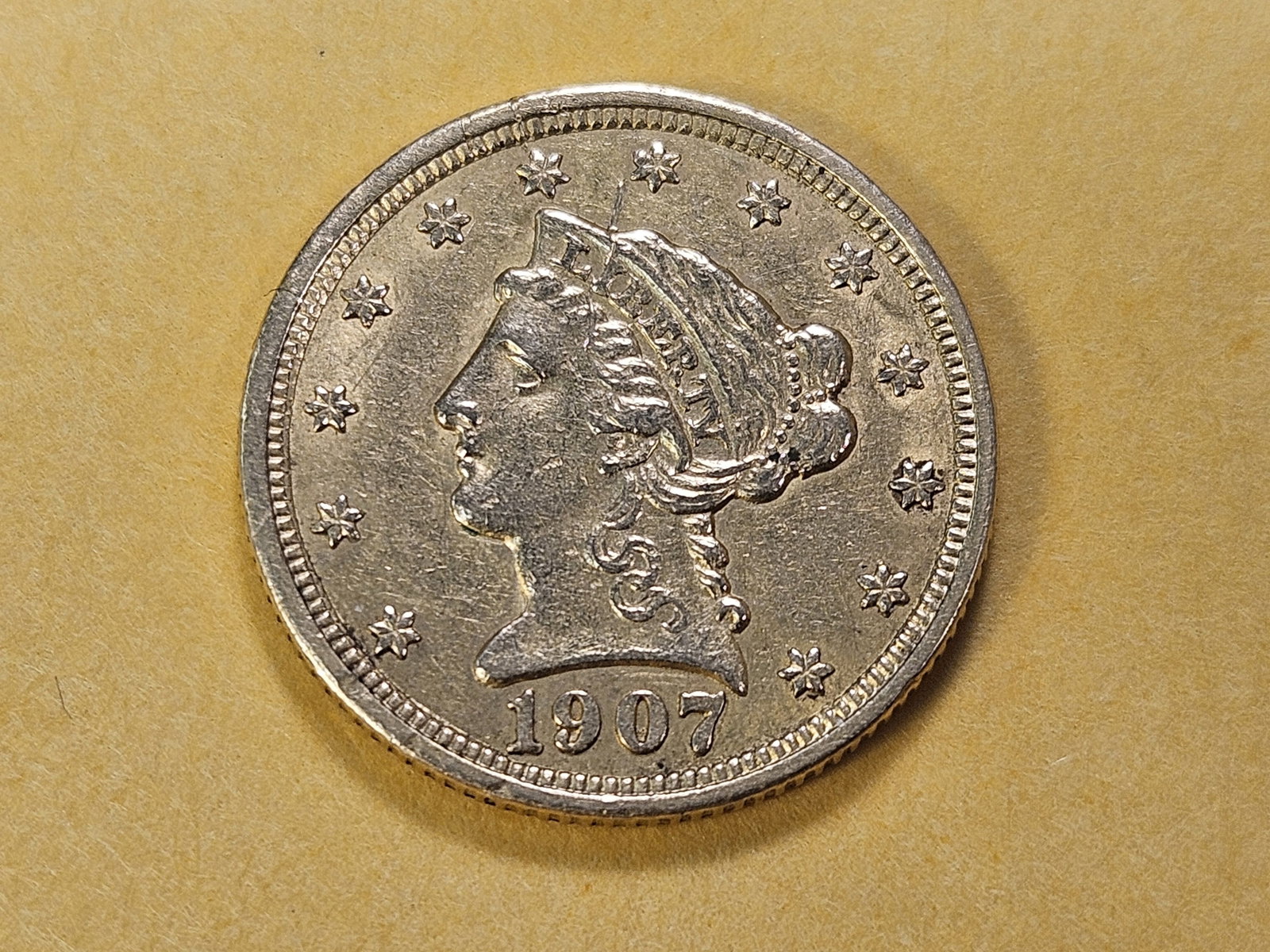 GOLD! Brilliant About Uncirculated 1907 Liberty Head $2.5 Dollar Gold: Quarter Eagle